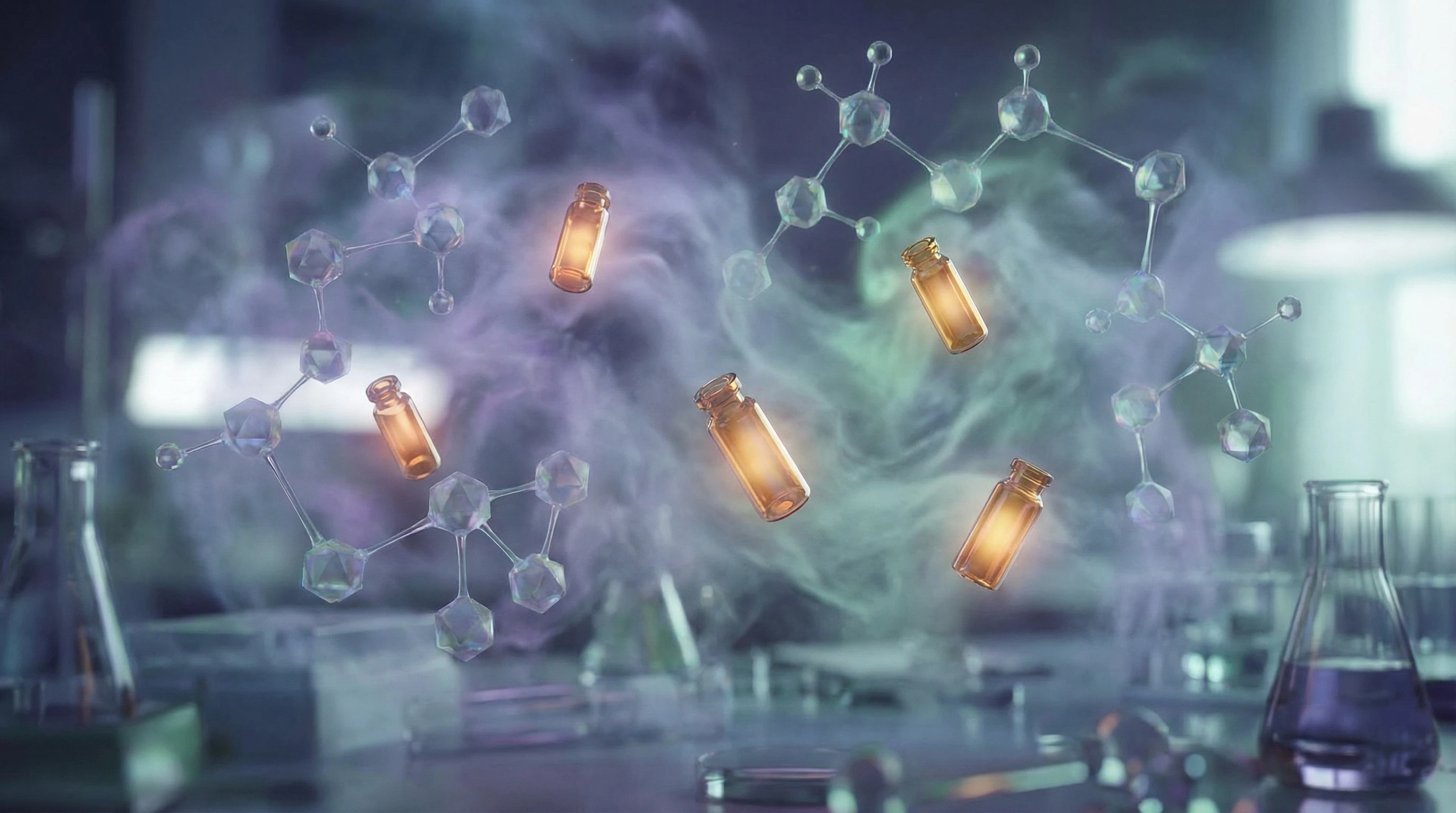 An abstract image representing scientific drug research, molecular structures and glowing vials in a laboratory setting