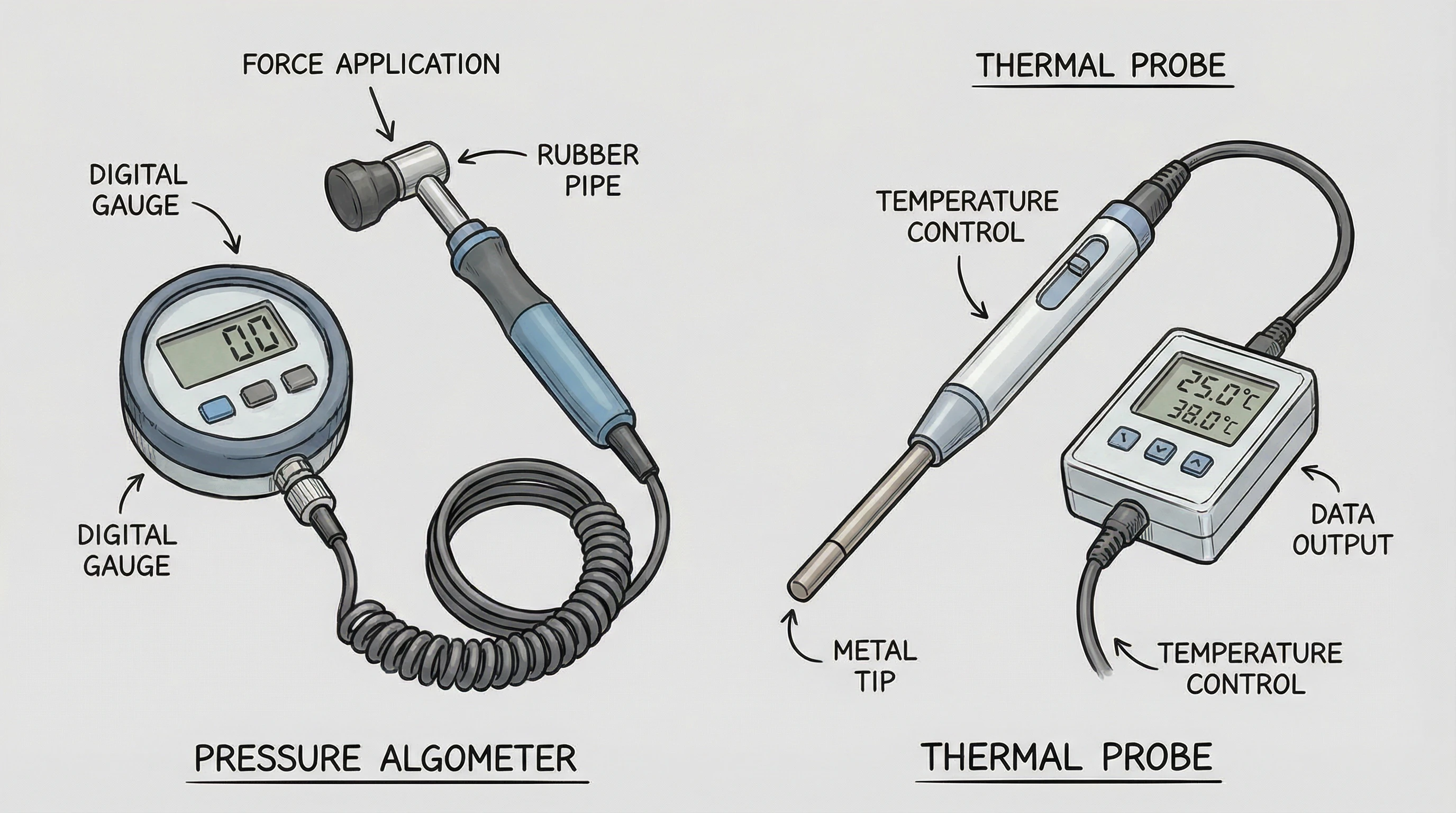 Scientific illustration of Quantitative Sensory Testing equipment, including a pressure algometer and a thermal probe, on a plain background.