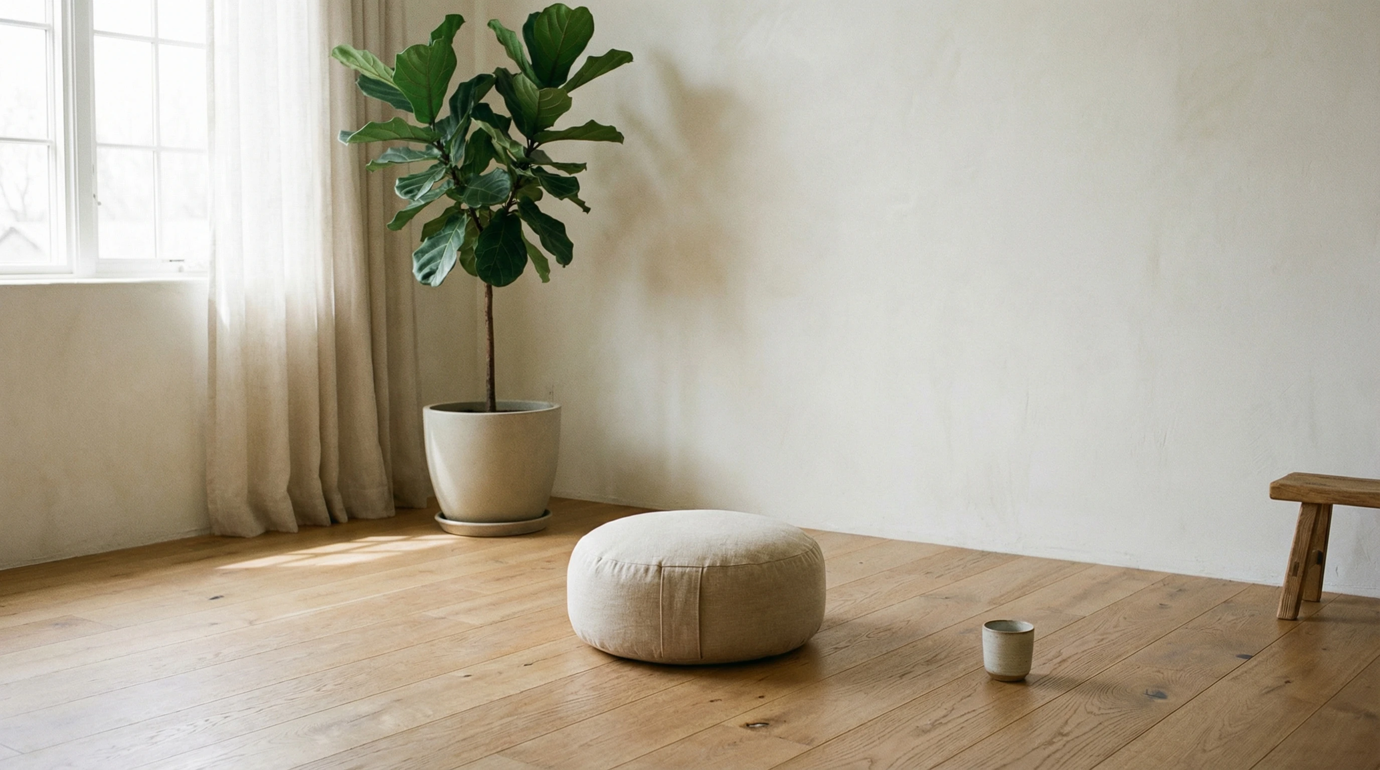 A serene, minimalist scene with a meditation cushion on a wooden floor, gentle natural light filtered through a simple window, next to a green plant. The calm space suggests peaceful and mindful reflection.