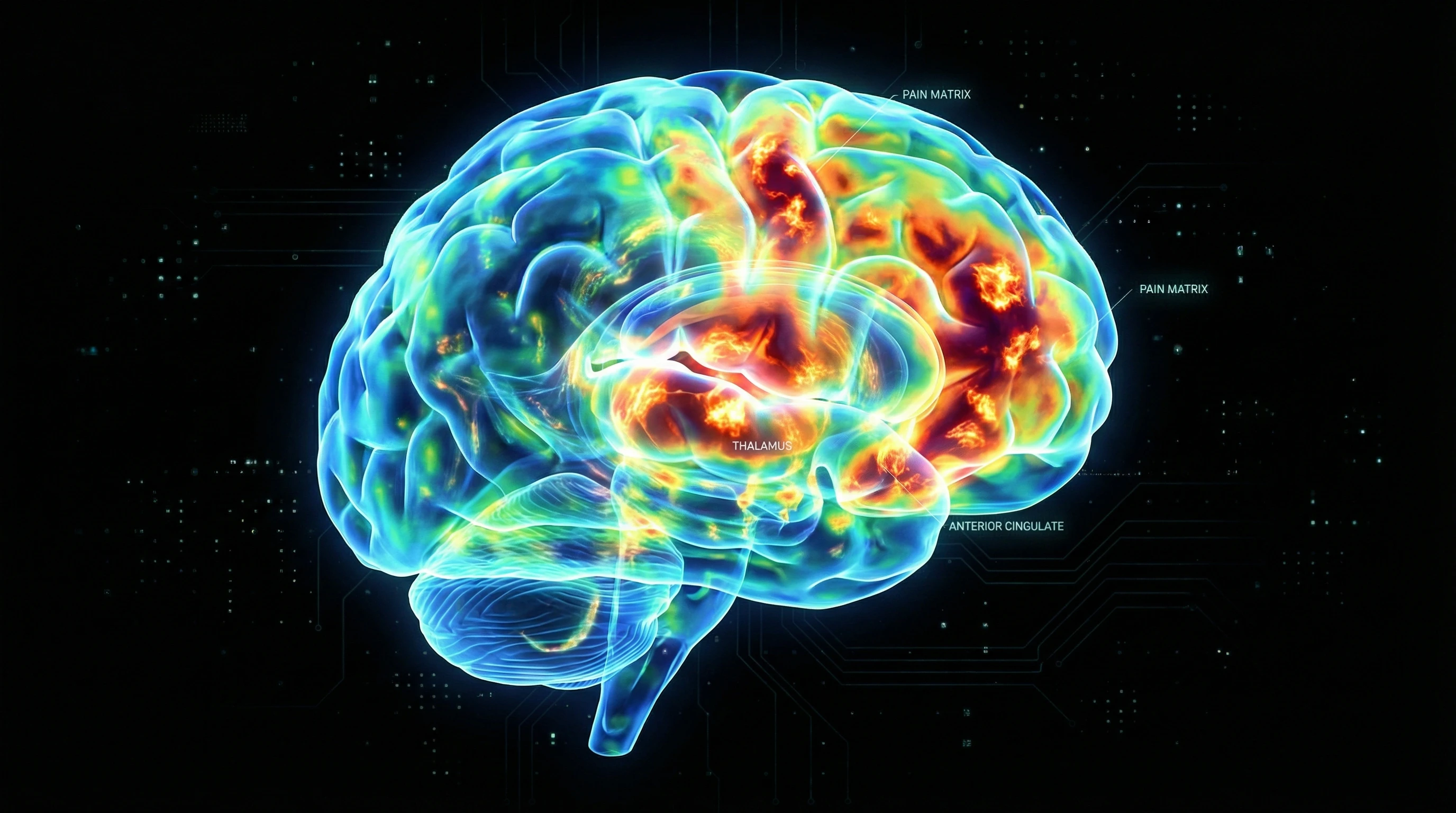 Colorful brain imaging scan showing regions of activity, illustrating pain perception research.
