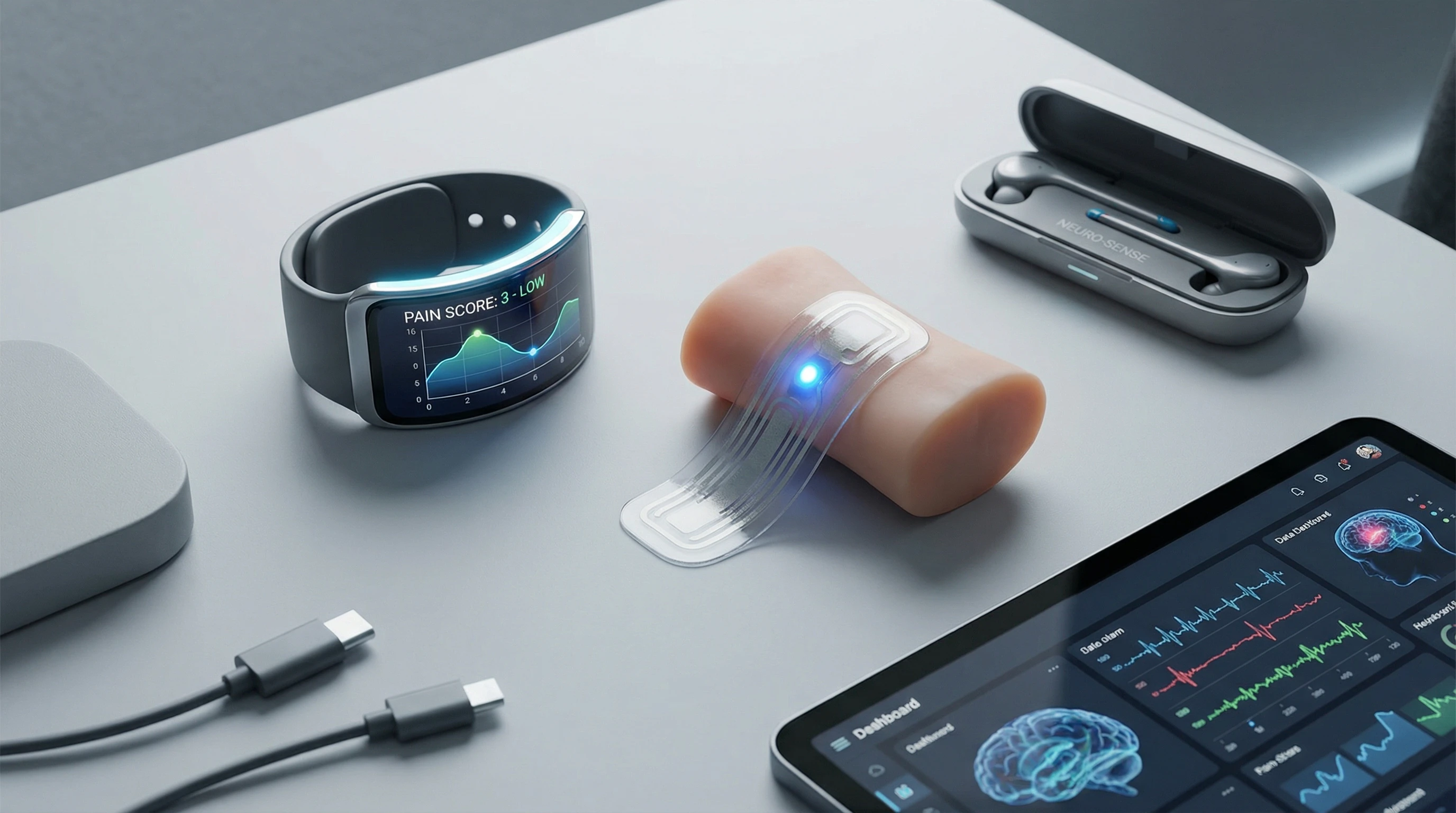 A collection of next-generation wearable sensors and devices on a plain surface, illustrating technology used for real-time pain monitoring.