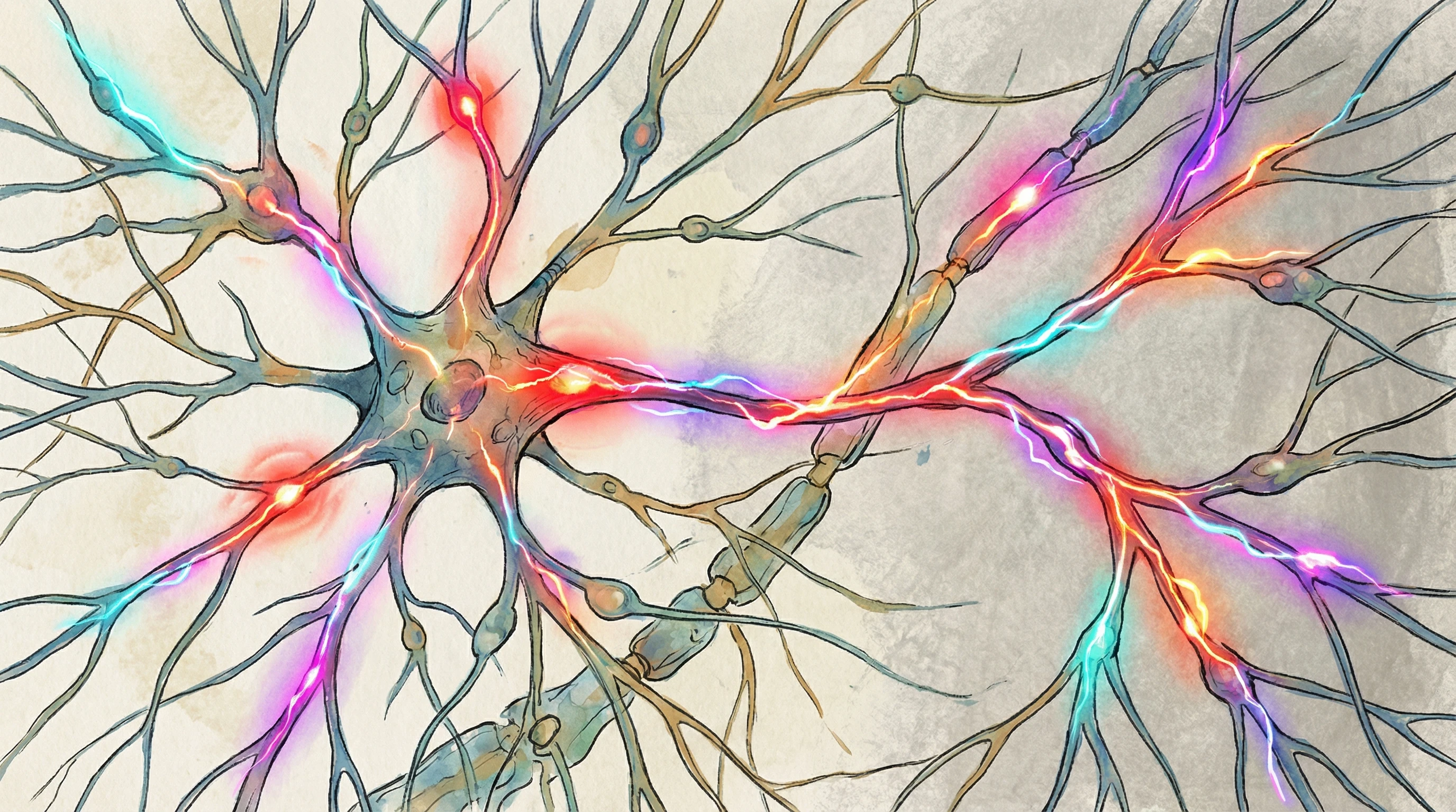 Colorful representation of pain perception pathways in the nervous system.