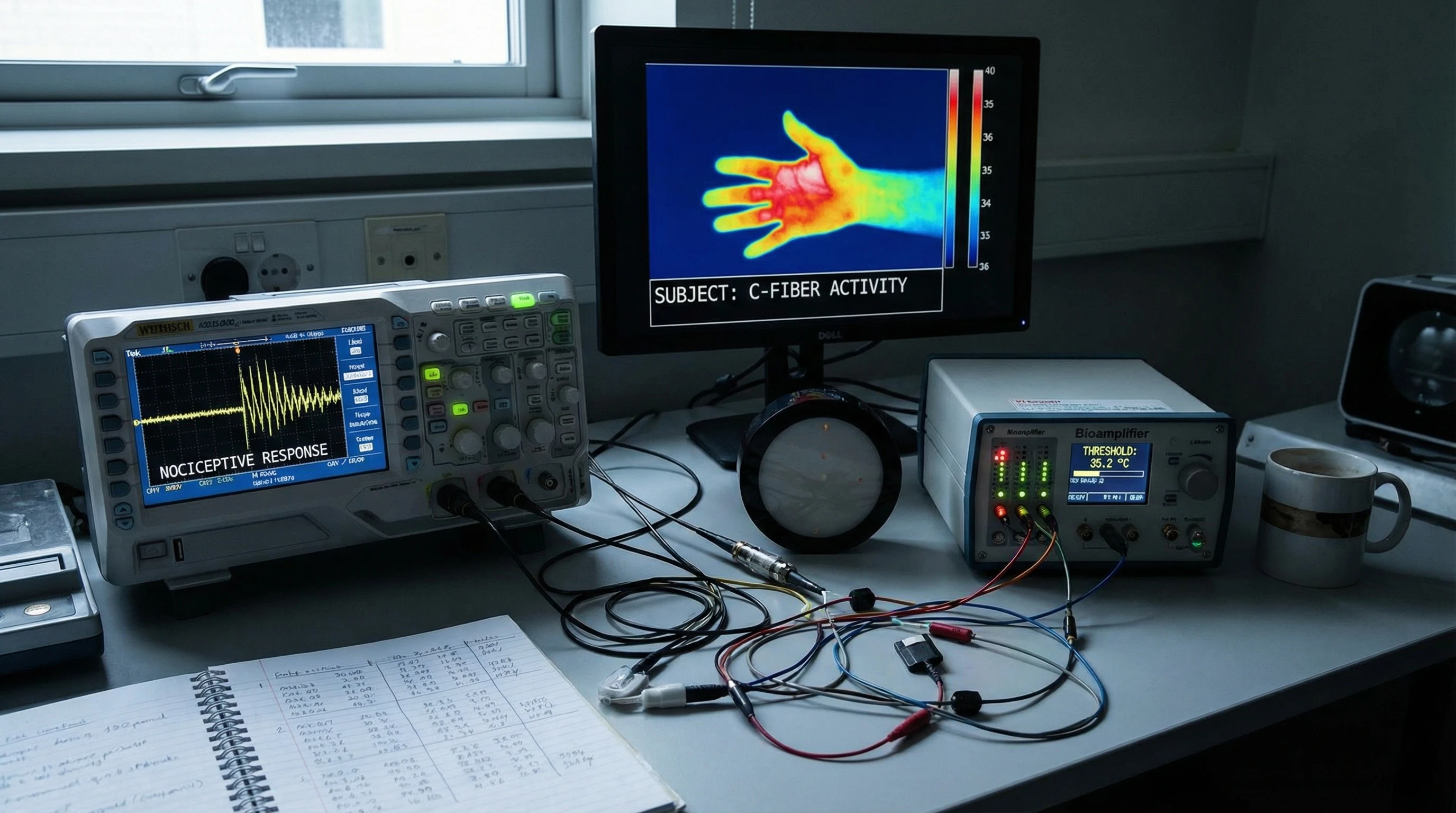A close-up of scientific instruments measuring sensory responses in a pain research laboratory, showing graphs and digital readouts on a bench.