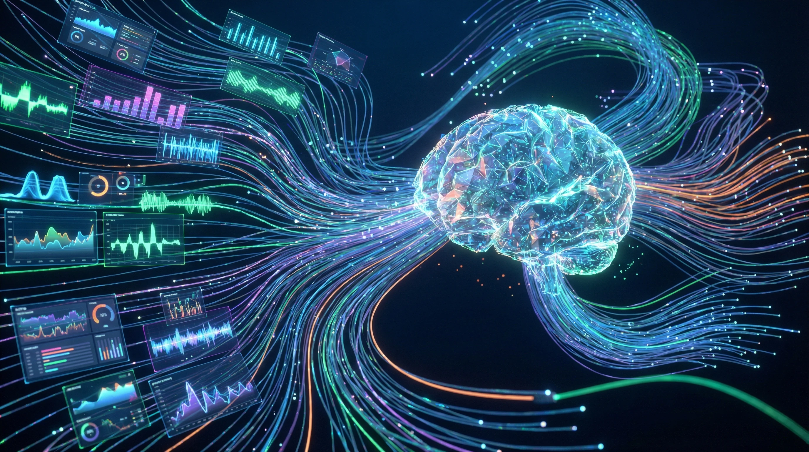 Visualization of various data streams, such as graphs, sensor waves, and digital displays, merging into a single analytic dashboard.