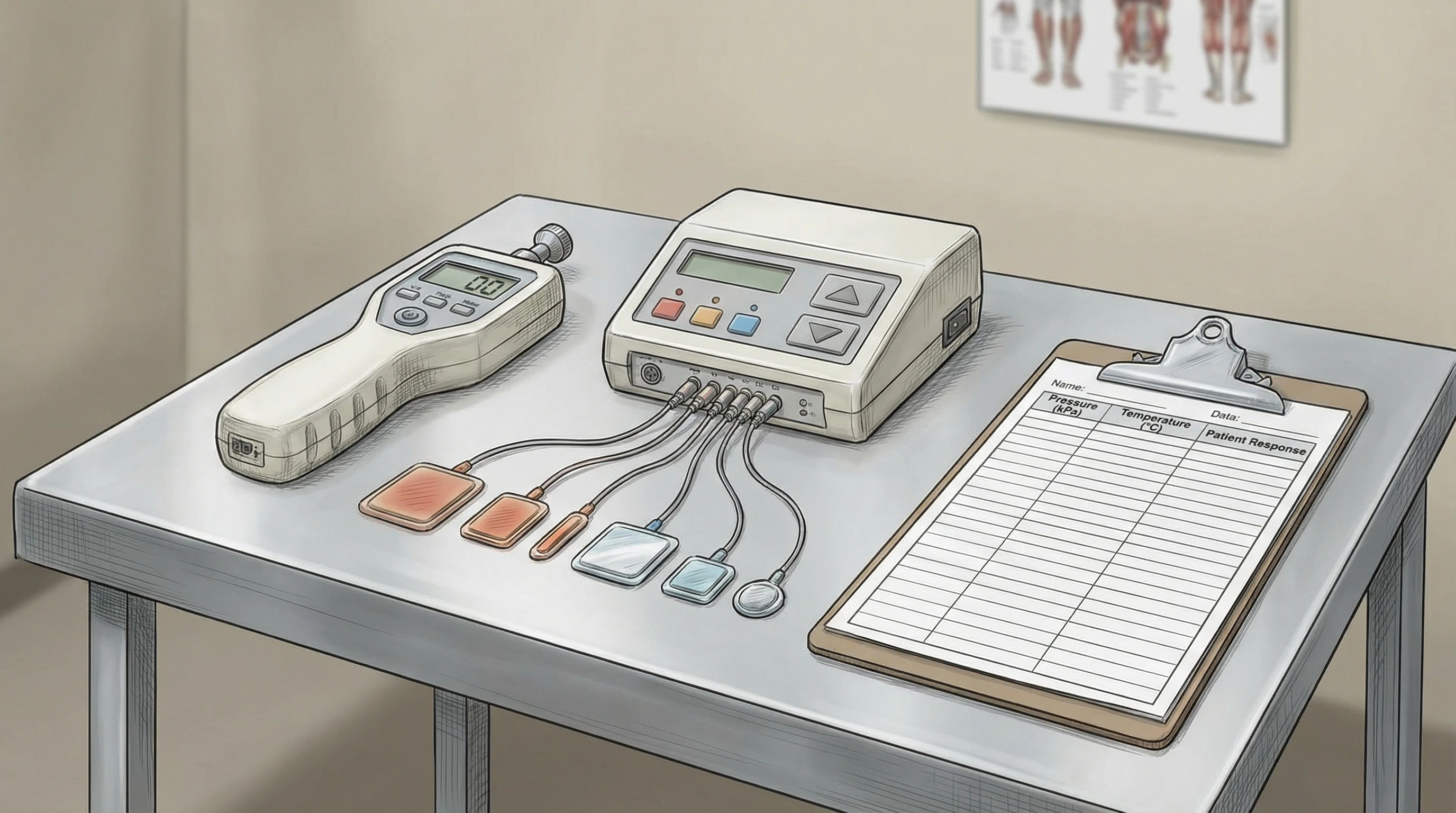 Scientific illustration of tools for measuring pain perception and data sheets, in a clinical research setting