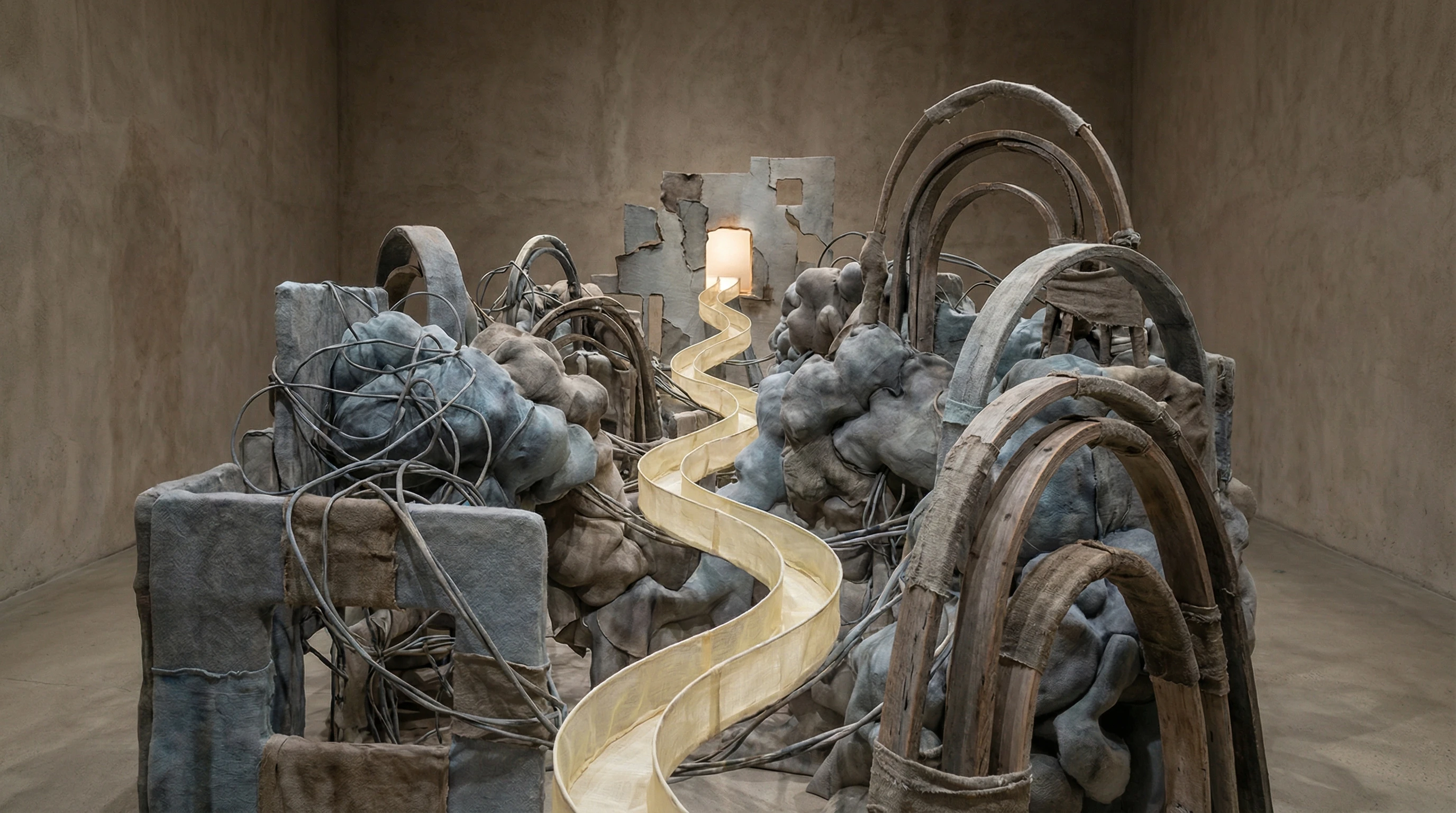 A collection of abstract shapes symbolizing barriers and pathways, set against a soft background.