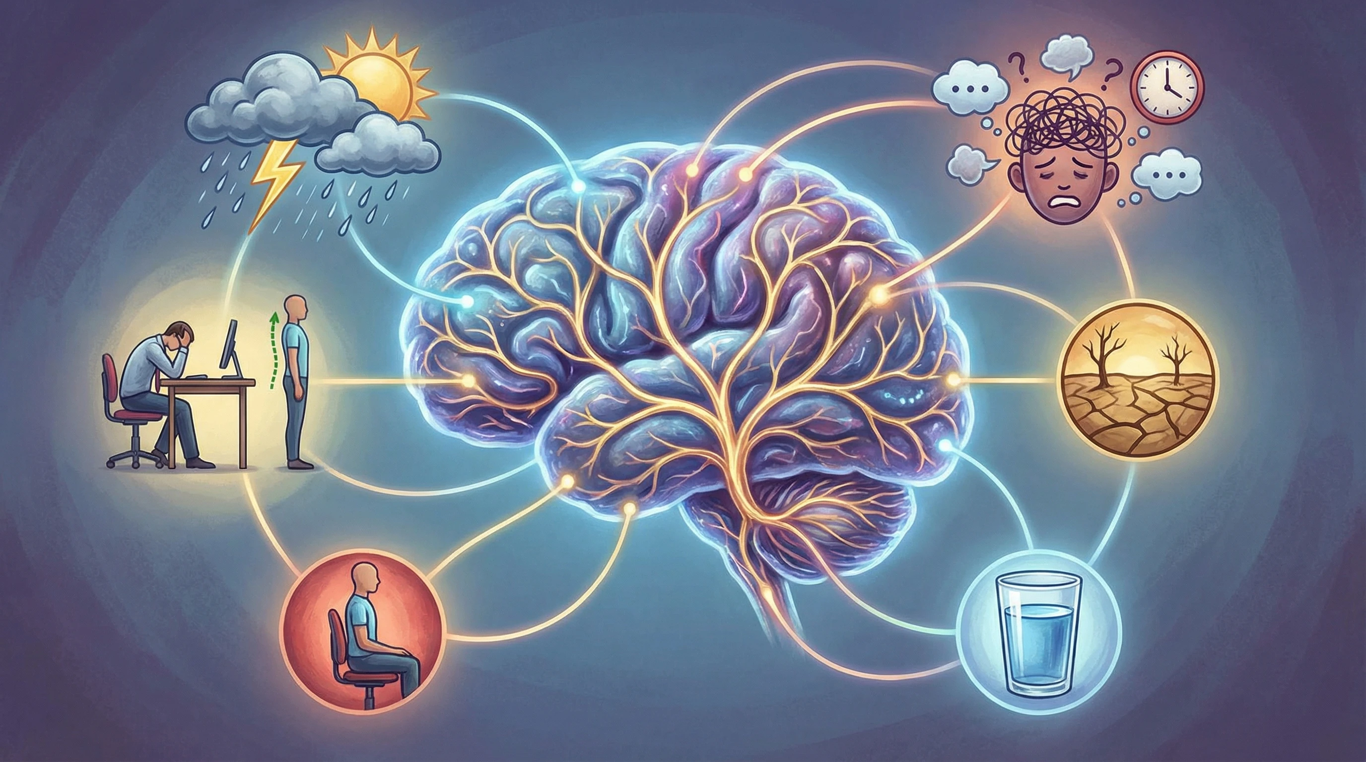 An abstract depiction of neural pain pathways and pain triggers