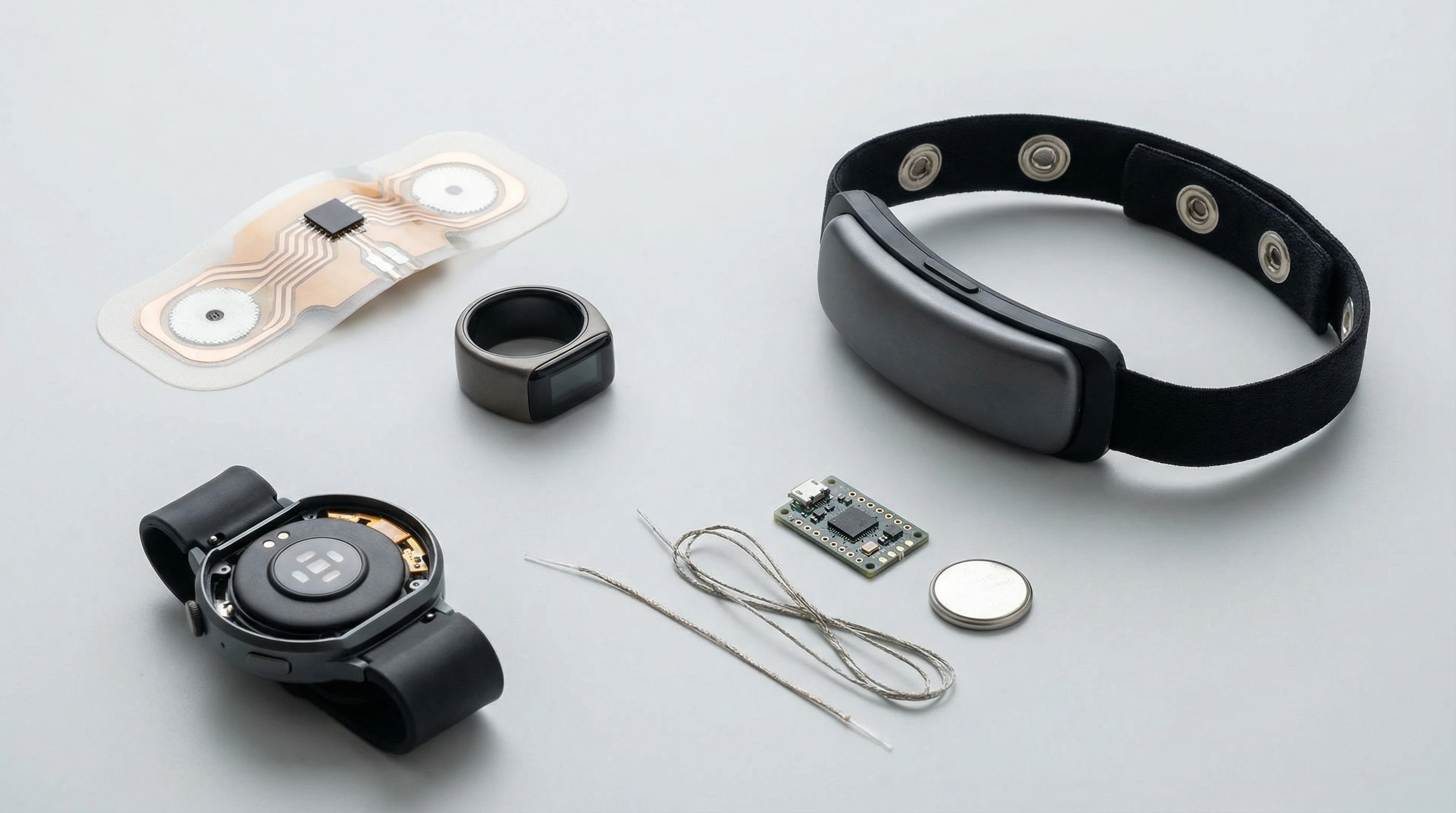 A collection of modern wearable sensors and electronic components on a clean background