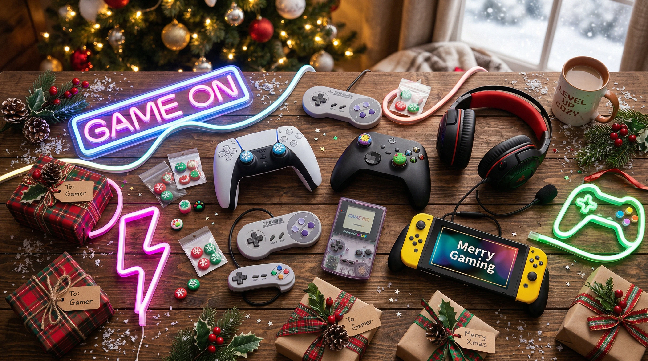 A festive arrangement of various small gaming gadgets, controllers, thumb grips, and snacks around a holiday stocking.