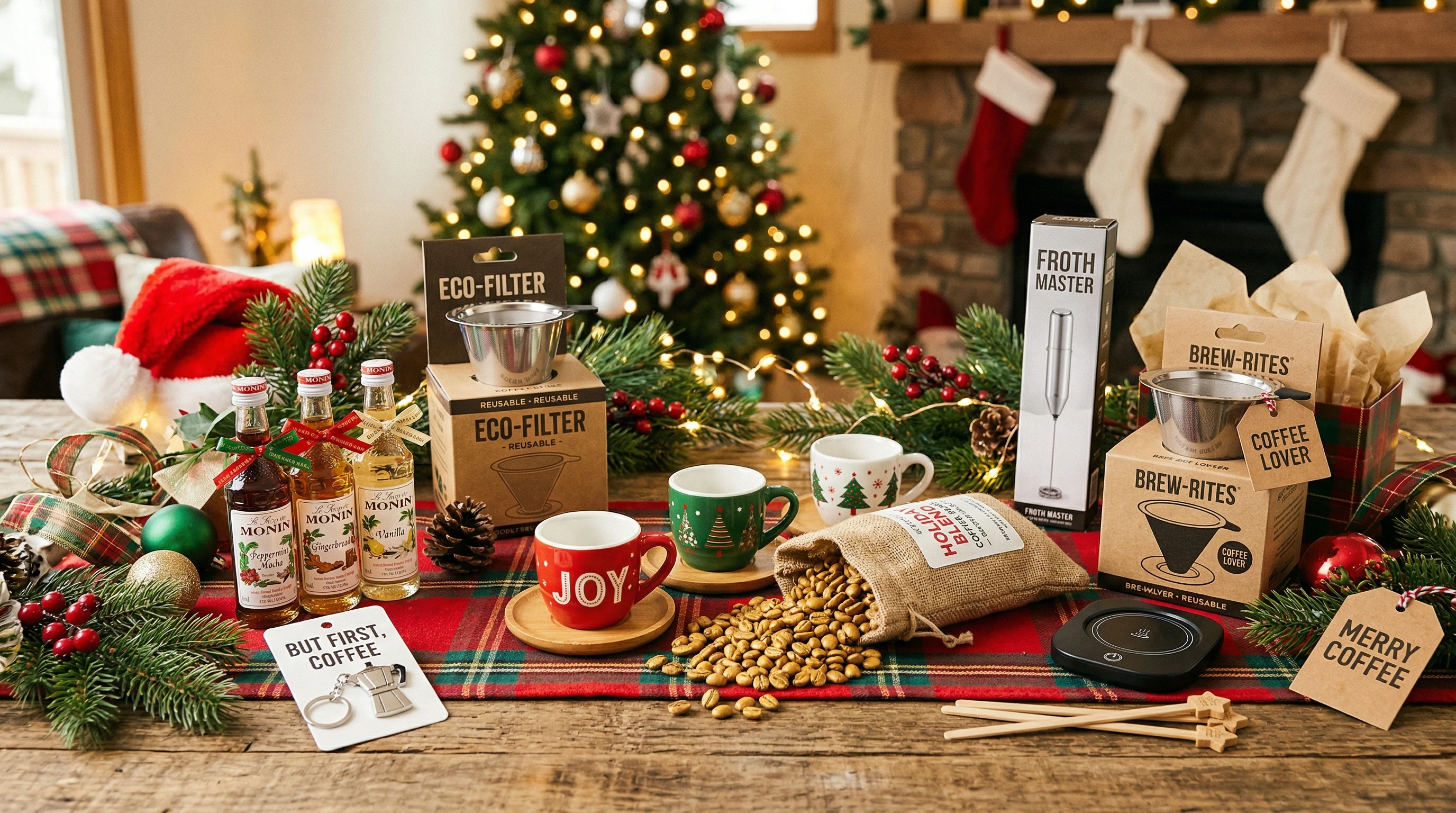 Assorted coffee-themed gifts, mugs, and beans arranged on a table.