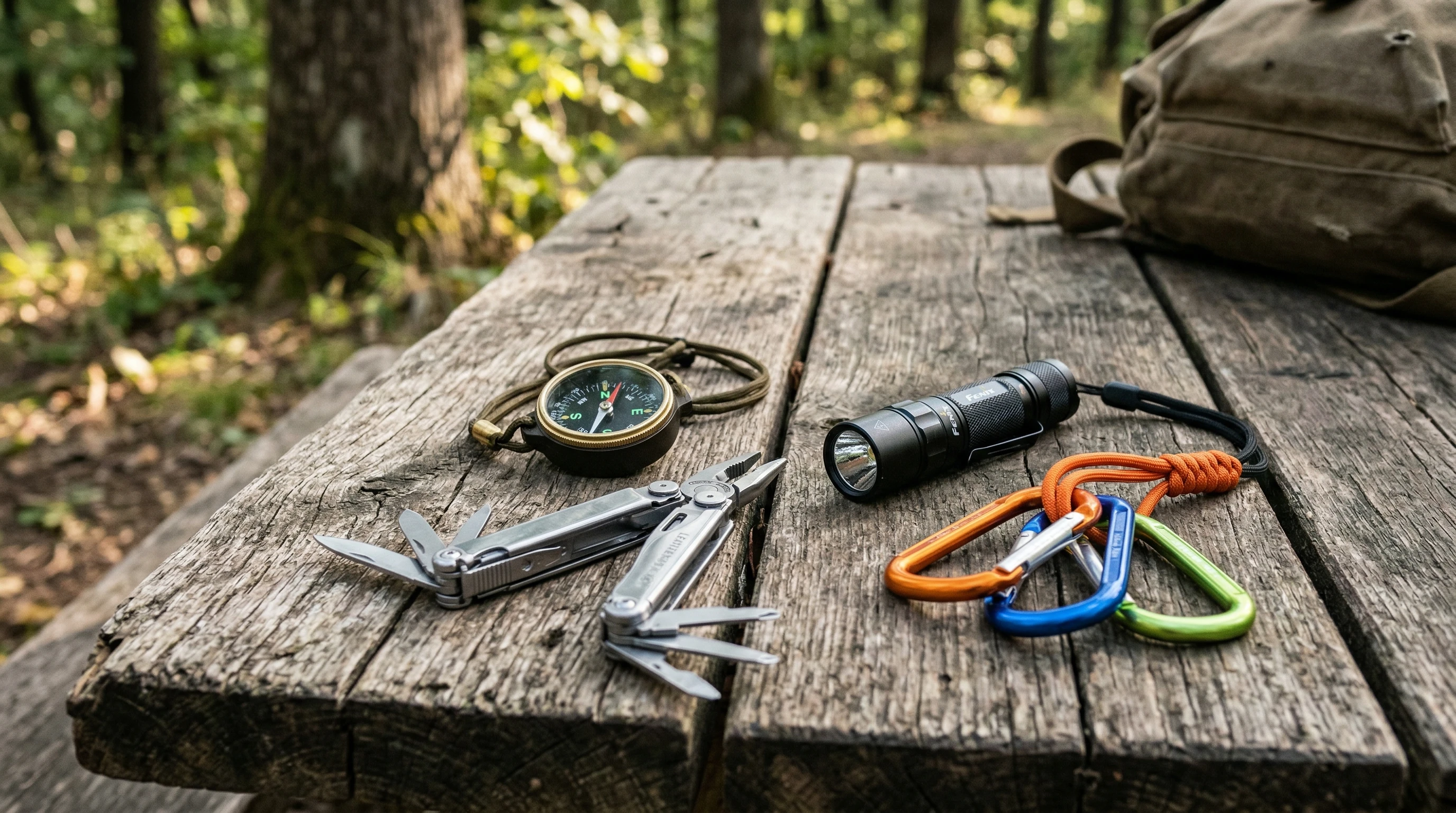 Small outdoor gear and gadgets spread out on a rustic wooden table, including a compass, multitool, flashlight, and colorful carabiners.