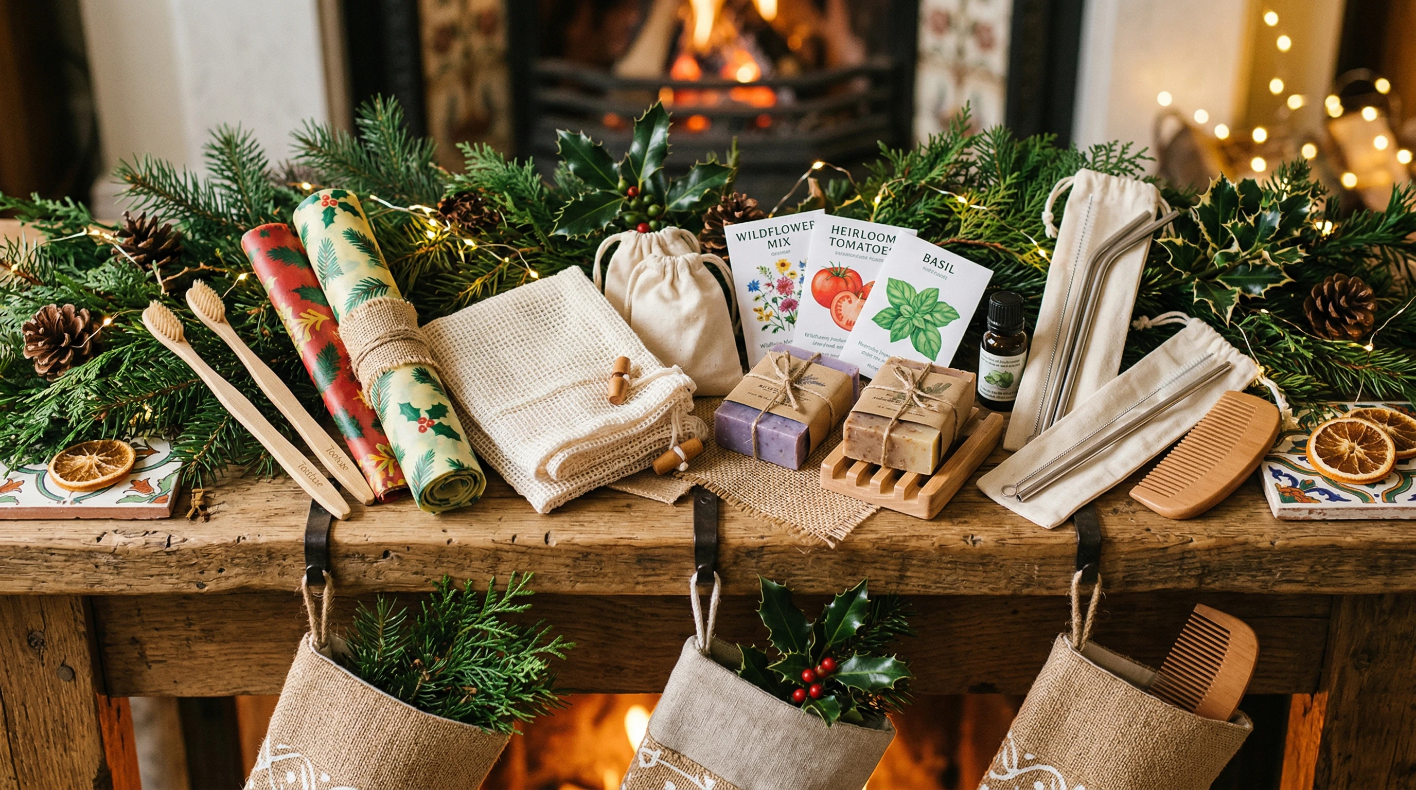 Selection of eco-friendly holiday stocking stuffers like soaps, reusable bags, seed packets, and bamboo toothbrushes on a rustic festive background