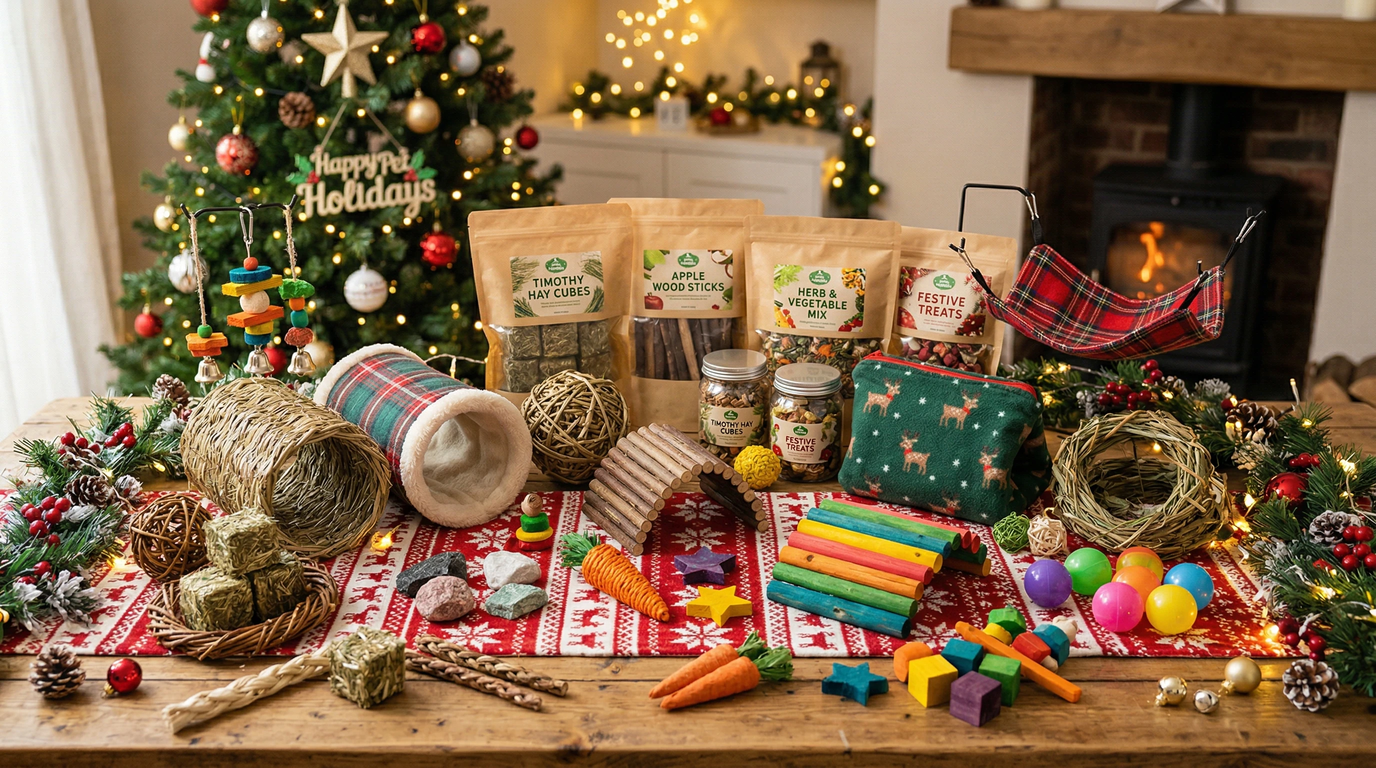 Selection of pet-safe toys and treats for small animals on festive background