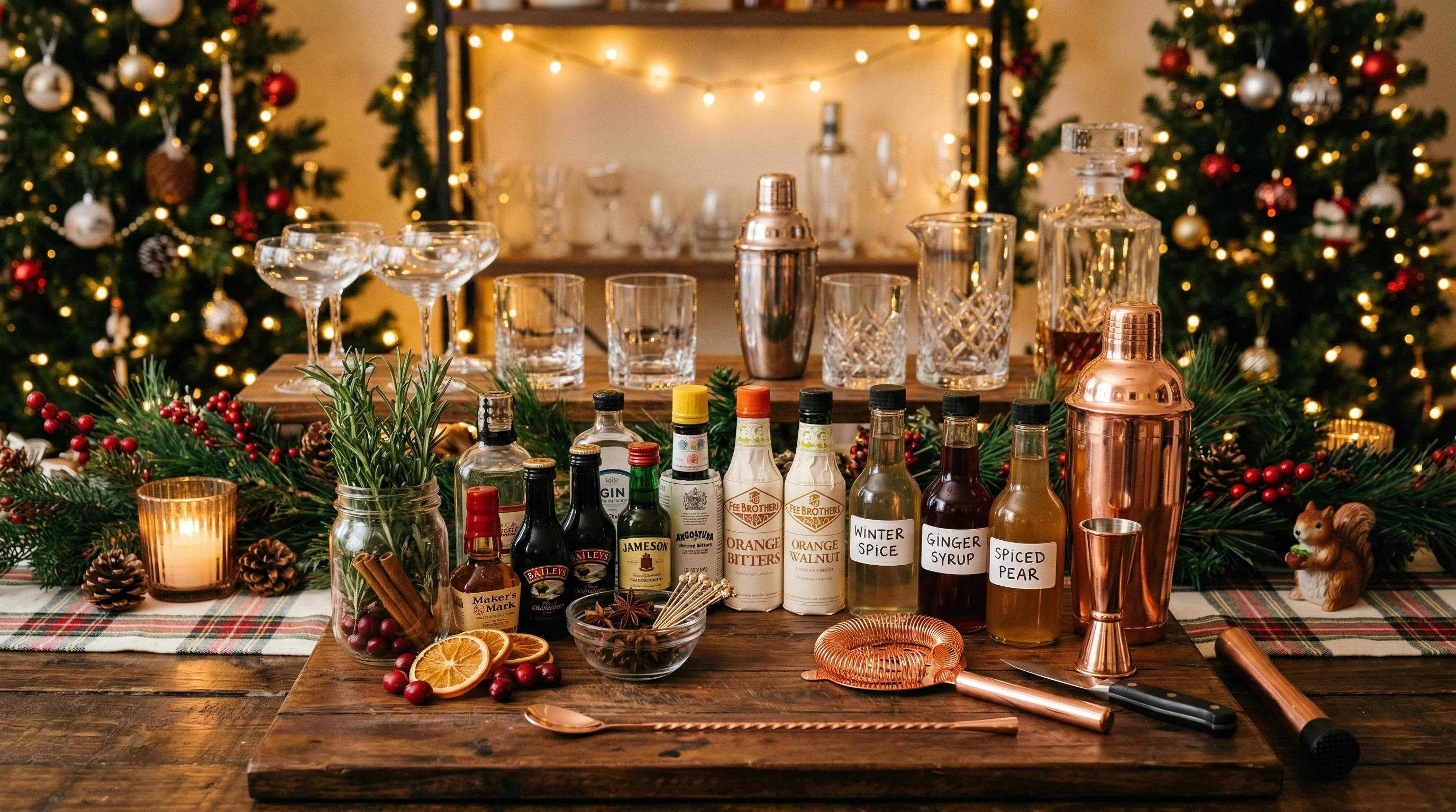 Assorted mini liquor bottles, bitters, and cocktail tools on a wooden bar.
