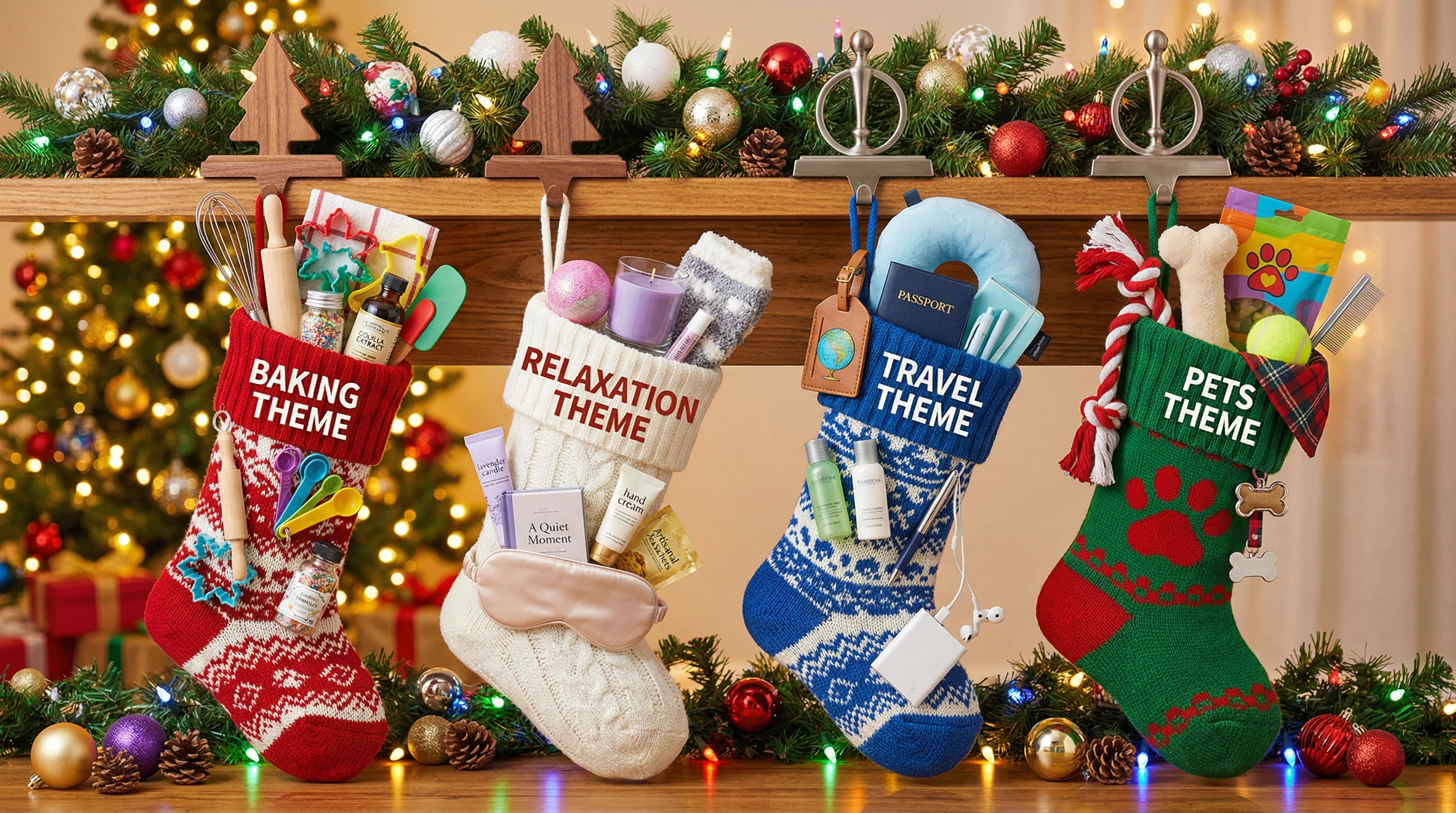 Colorful and fun assortment of themed stocking stuffer gifts arranged by themes like baking, relaxation, pets, and travel