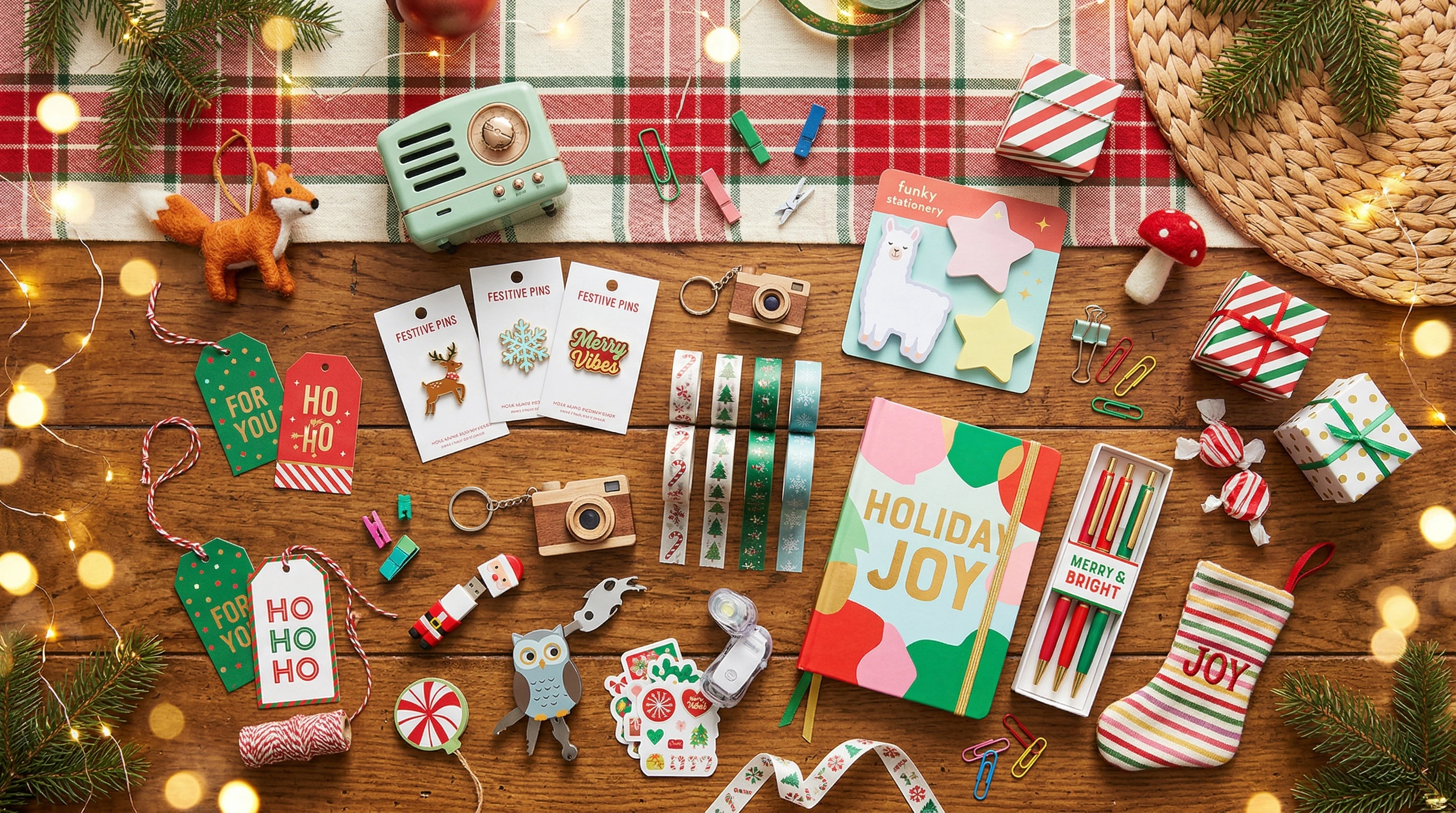 A colorful flat lay of creative and quirky stocking stuffer gifts and gadgets on a holiday-themed table.