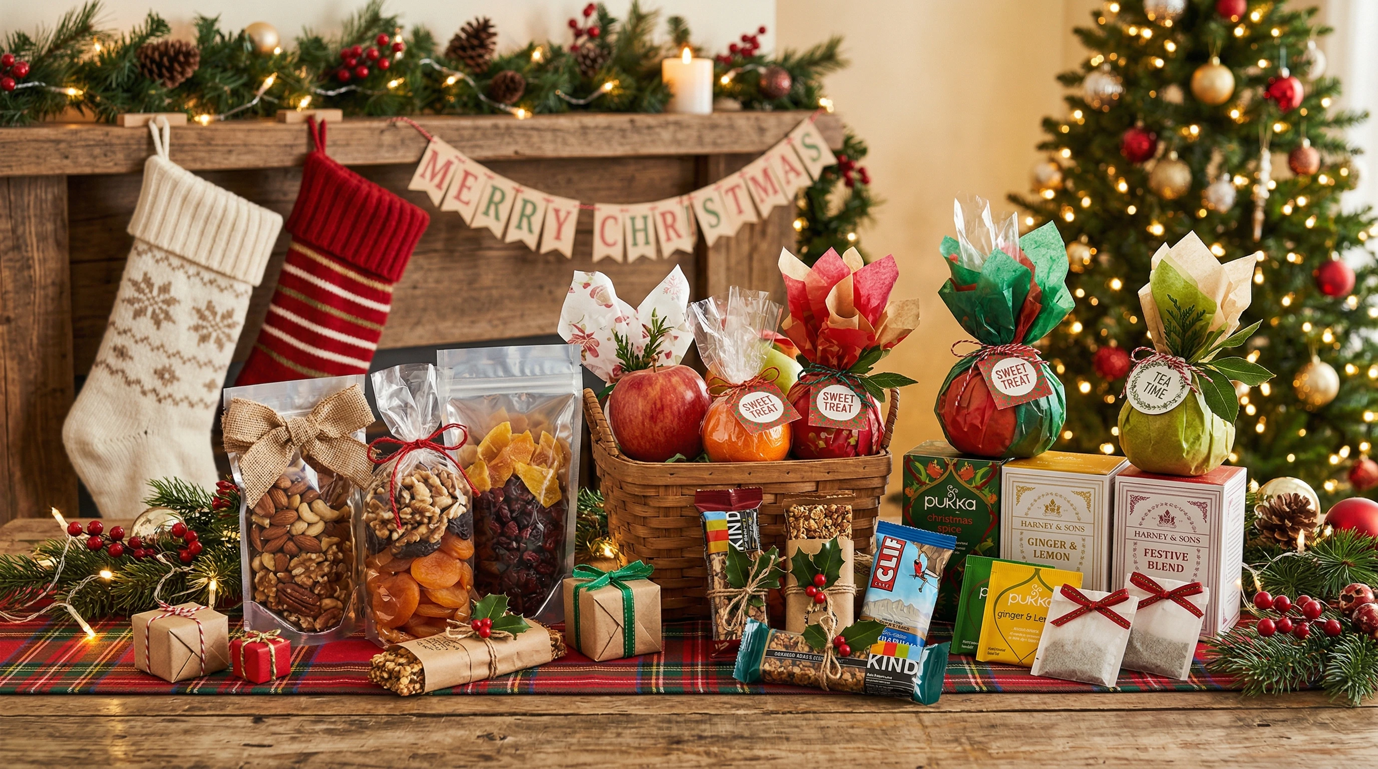 A festive assortment of healthy stocking stuffer items including nuts, dried fruit, granola bars, herbal teas, and colorful fruit wrapped in a holiday setting.