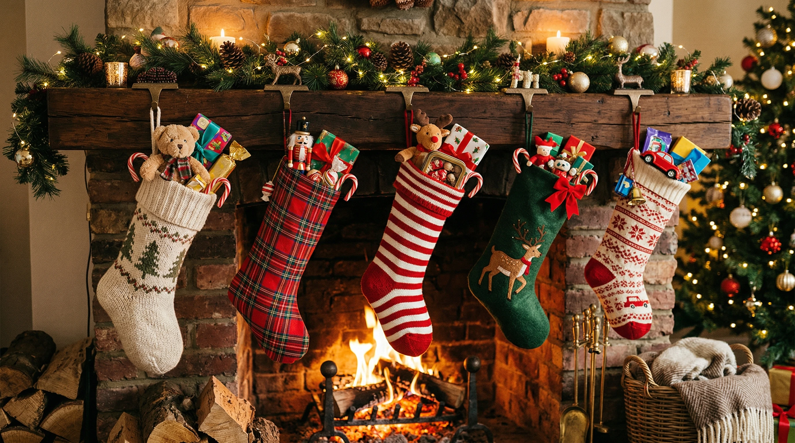 A colorful assortment of holiday stockings hung on a cozy fireplace with small wrapped gifts and classic candies peeking out. Gifts include tiny puzzles, chocolates, and playful trinkets.