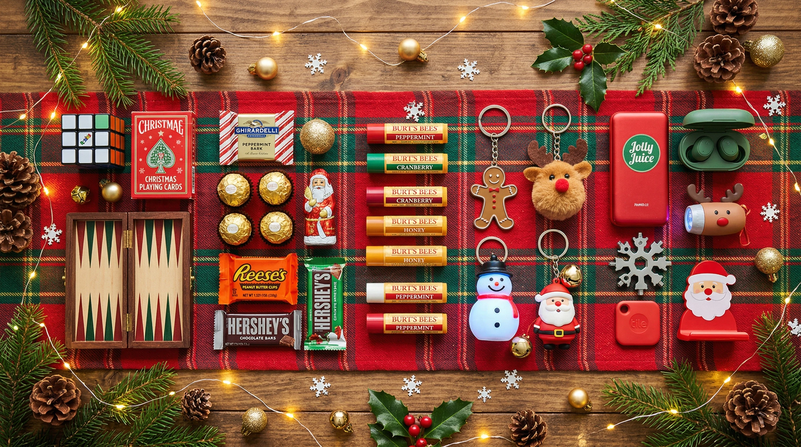 Small stocking stuffer gifts arranged on a table with wrapping paper and ribbon nearby.