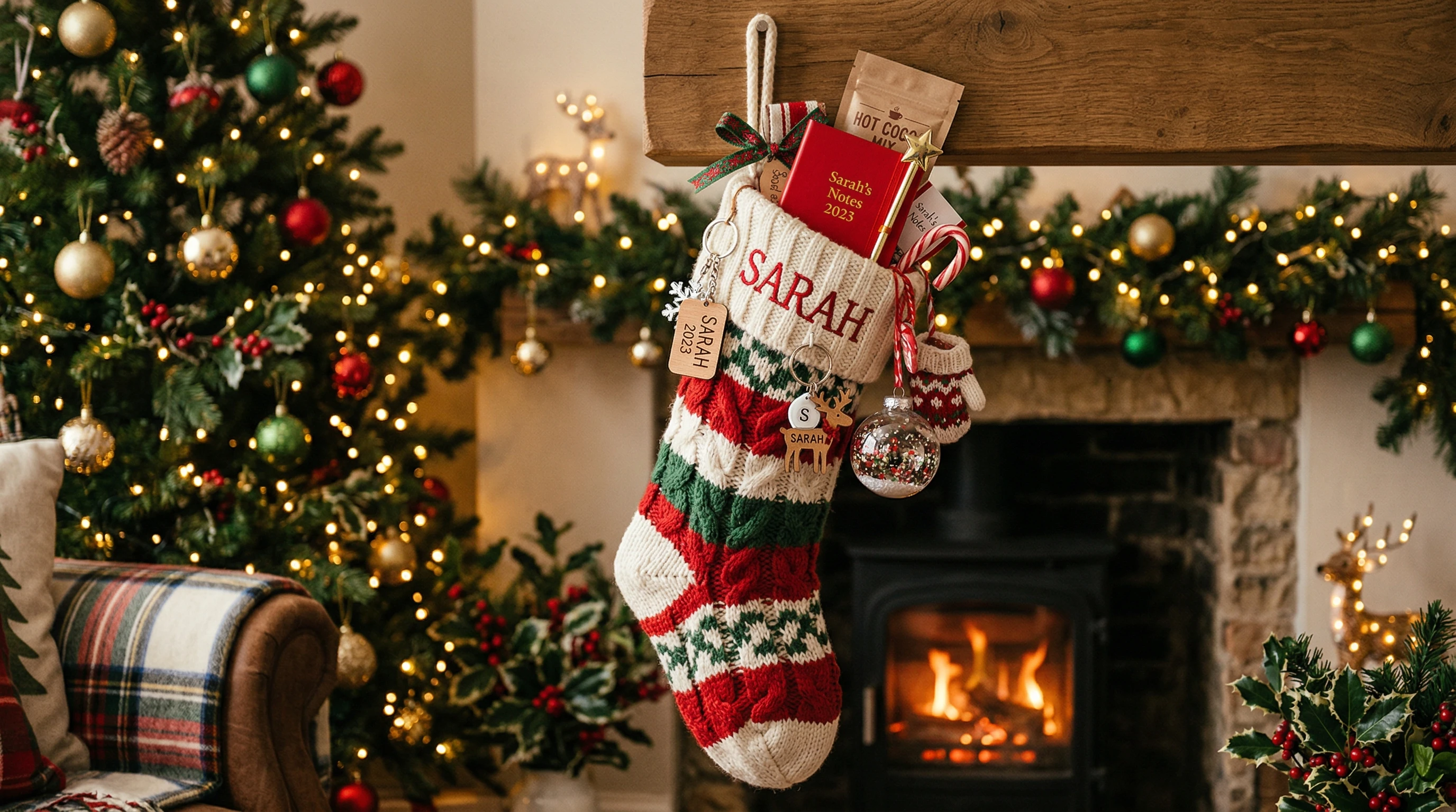 A festive Christmas stocking filled with small, personalized gifts and colorful wrapping.