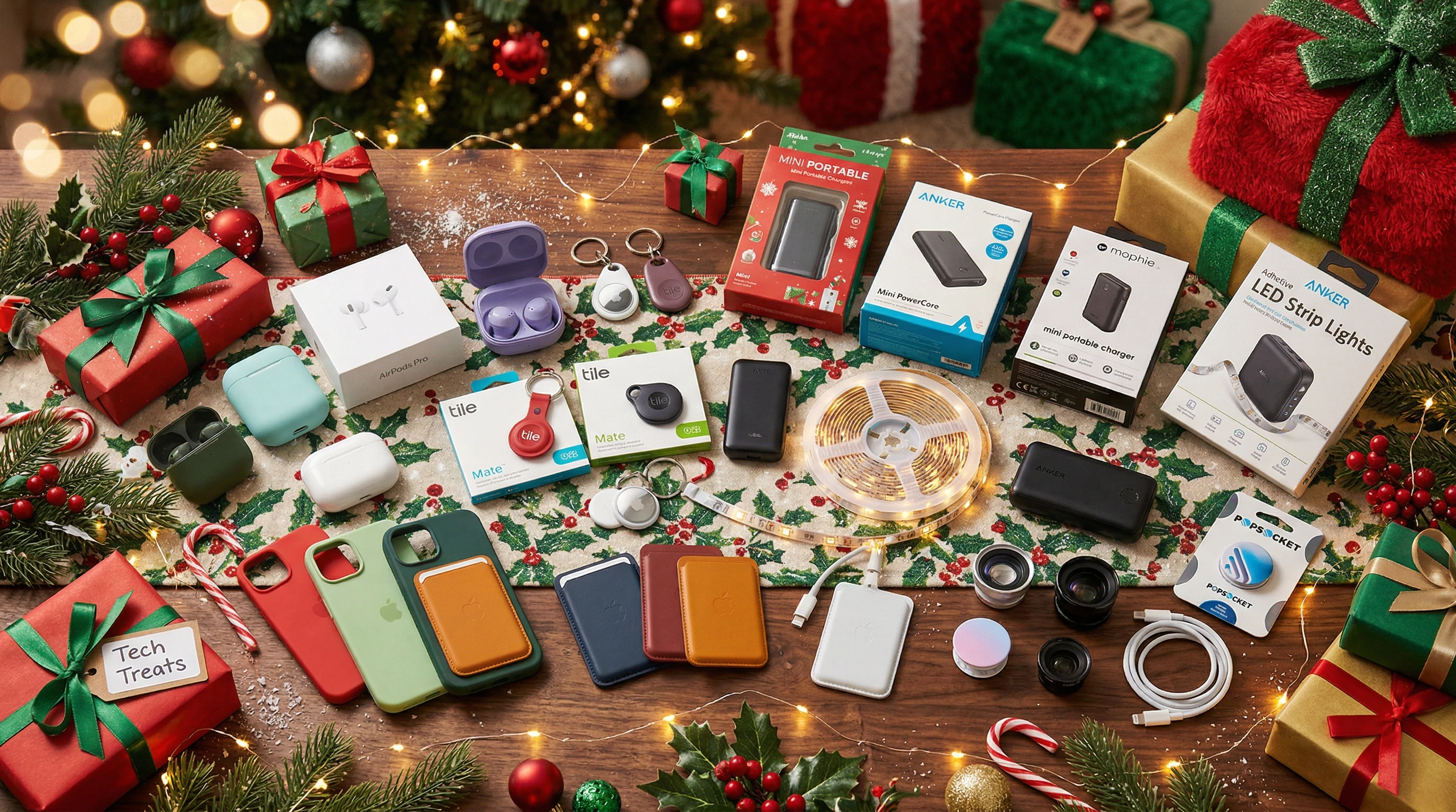Assorted tech stocking stuffers on a holiday background