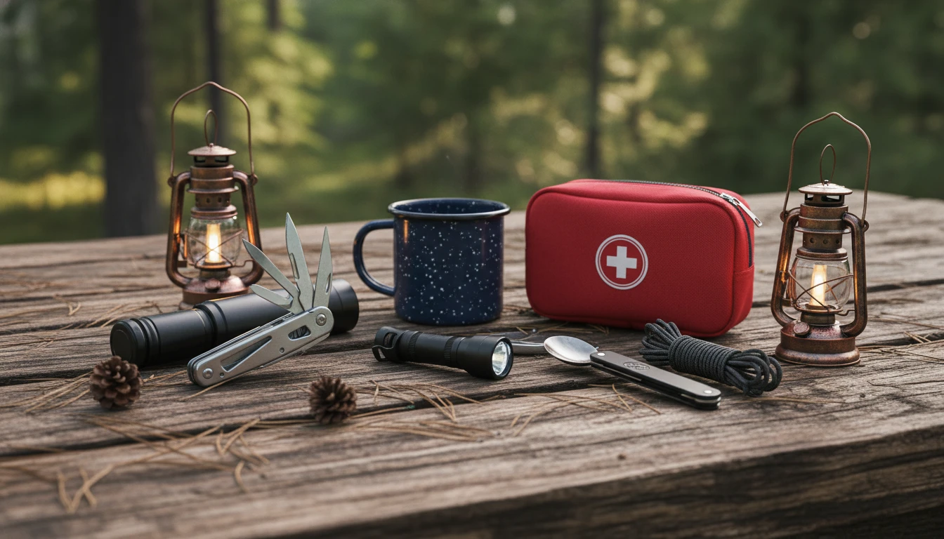 A collection of compact camping gear and gadgets, including a multitool, flashlight, enamel mug, and mini first aid kit, laid out on a rustic wooden surface with pine needles and small lanterns nearby.
