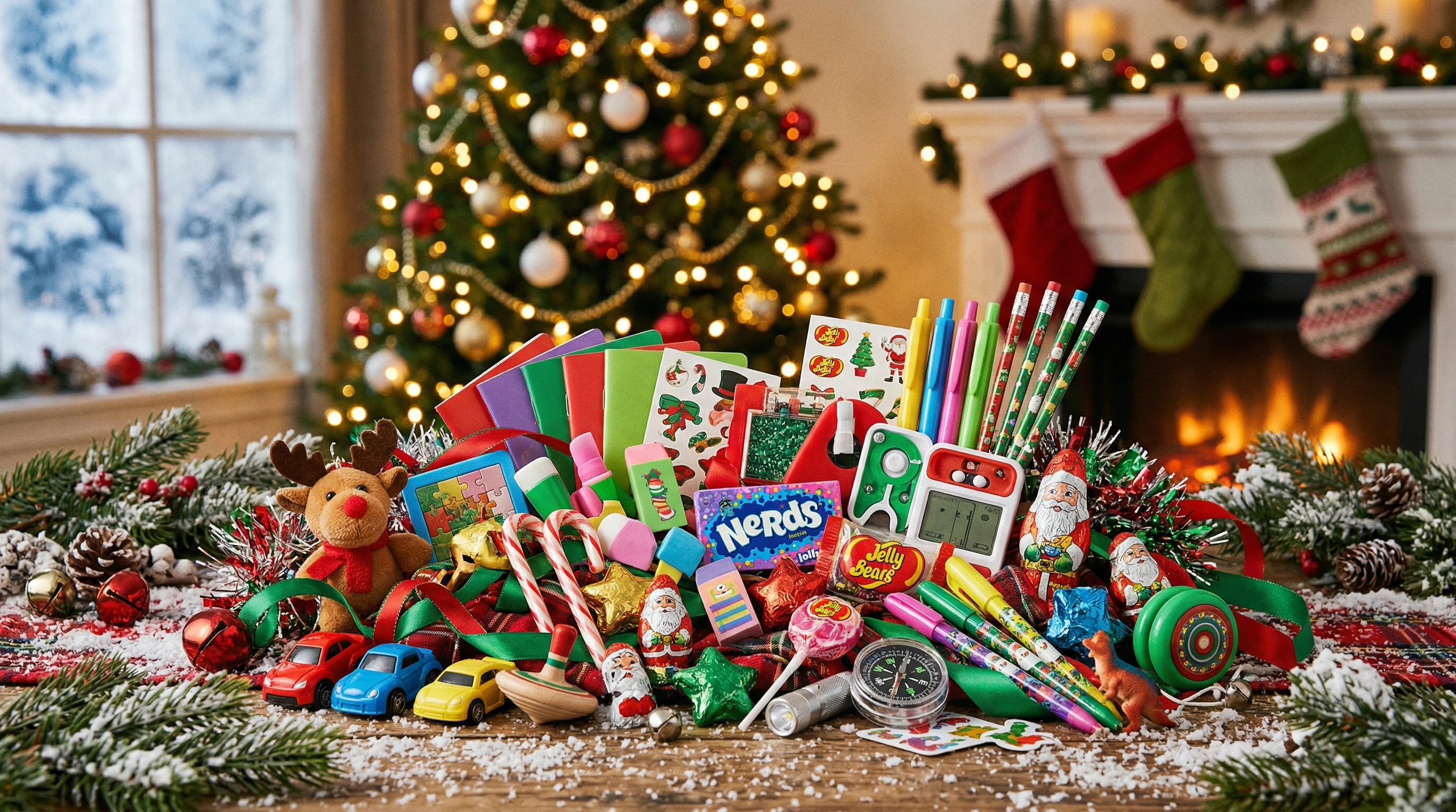 Pile of festive, inexpensive stocking stuffers like toys, candy, and small gadgets on a holiday background