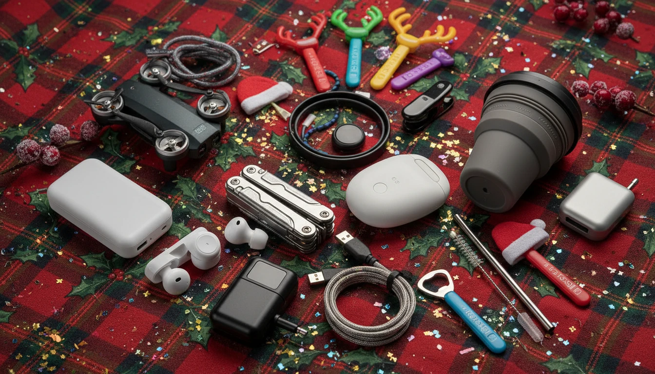 A festive assortment of practical and clever stocking stuffer gadgets arranged on a patterned holiday background