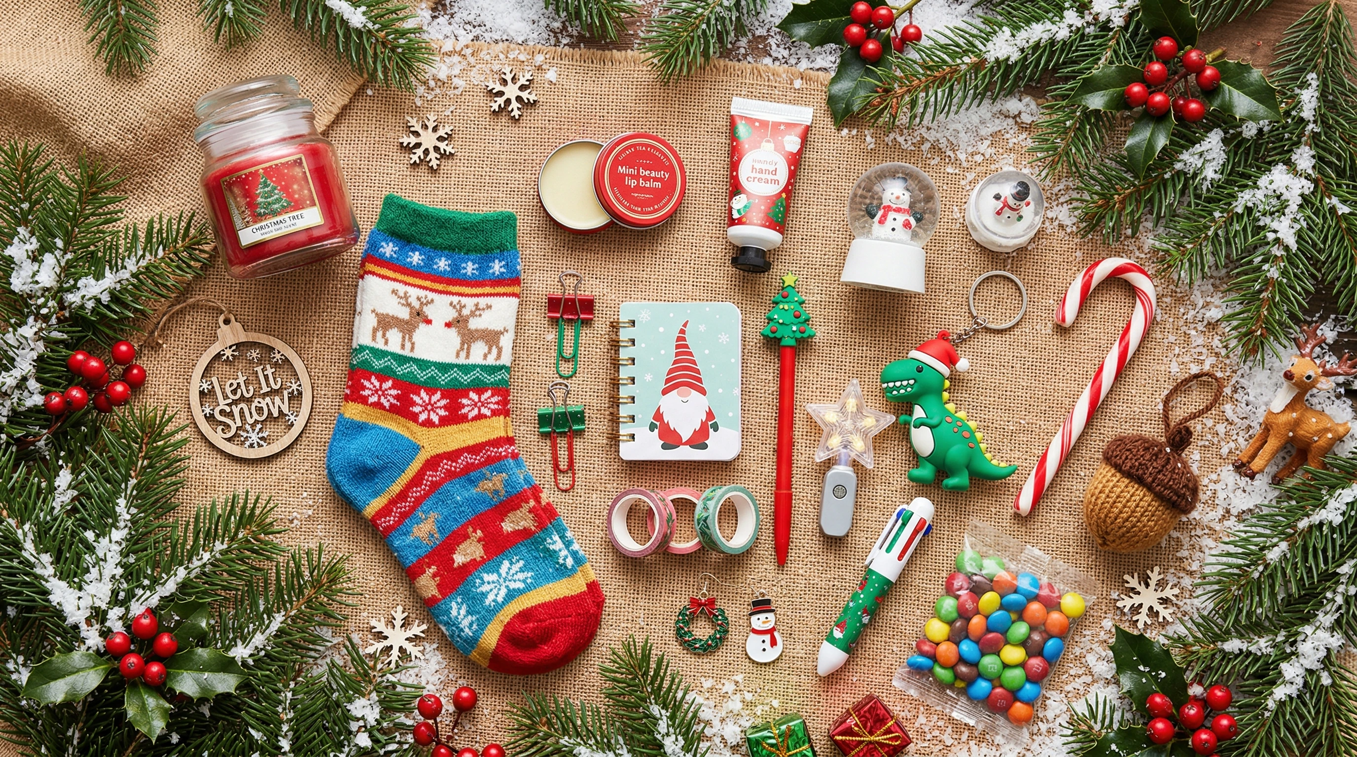 A colorful assortment of stocking stuffers including skincare items, cute gadgets, cozy socks, and small kitchen tools on a festive background