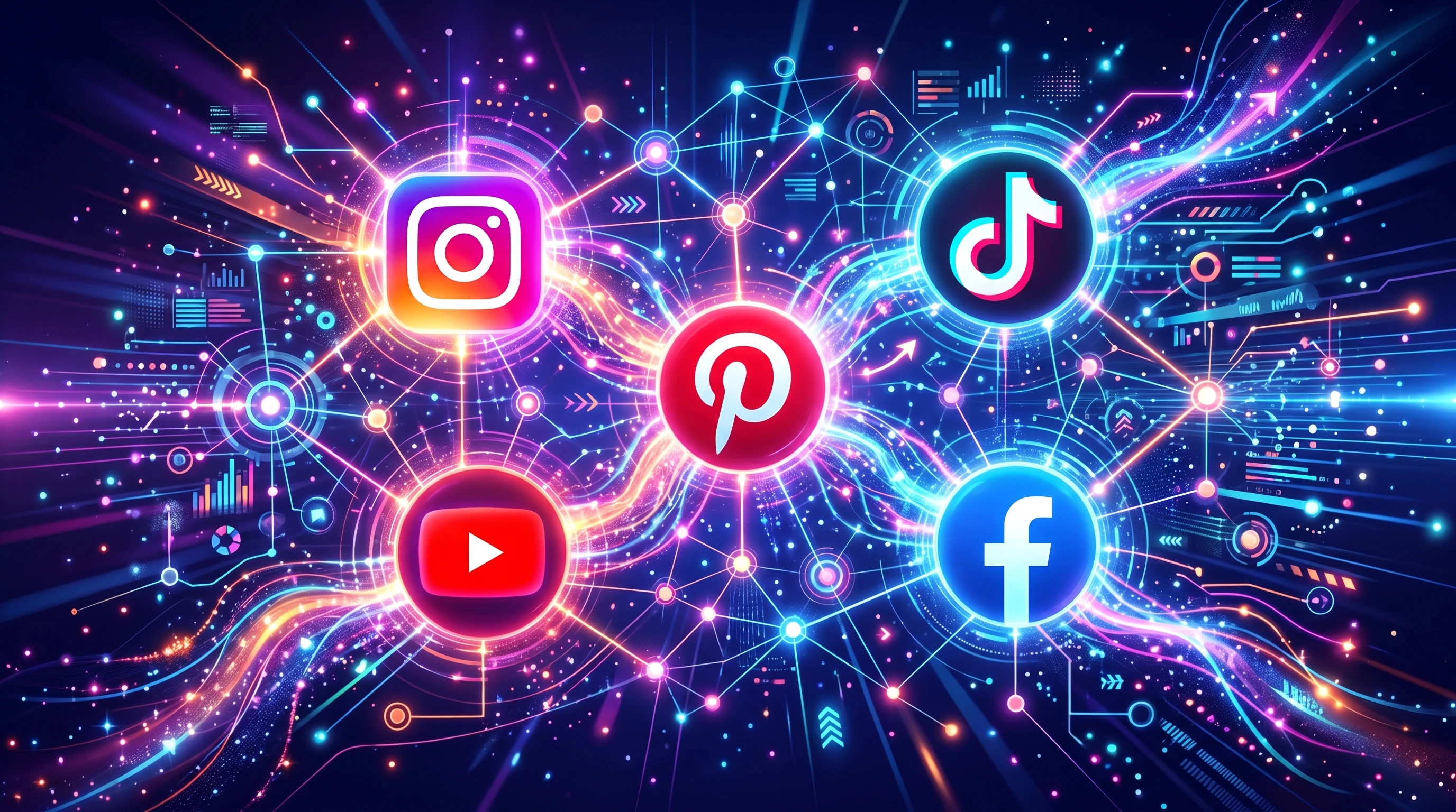 Colorful social media icons connected by network lines over a digital grid background