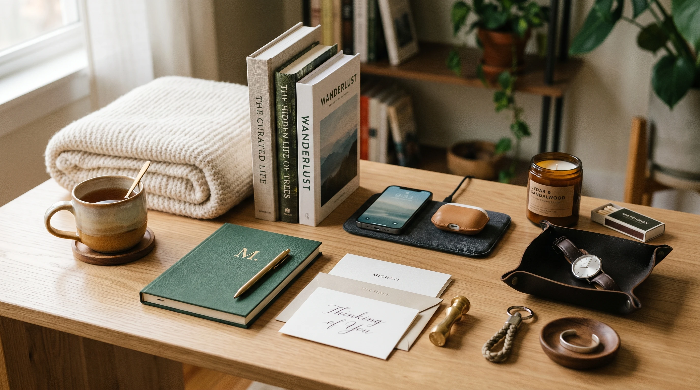 A curated selection of thoughtful gifts arranged on a minimalist table, featuring cozy homewares, books, personalized stationery, tech gadgets, and artisan accessories.