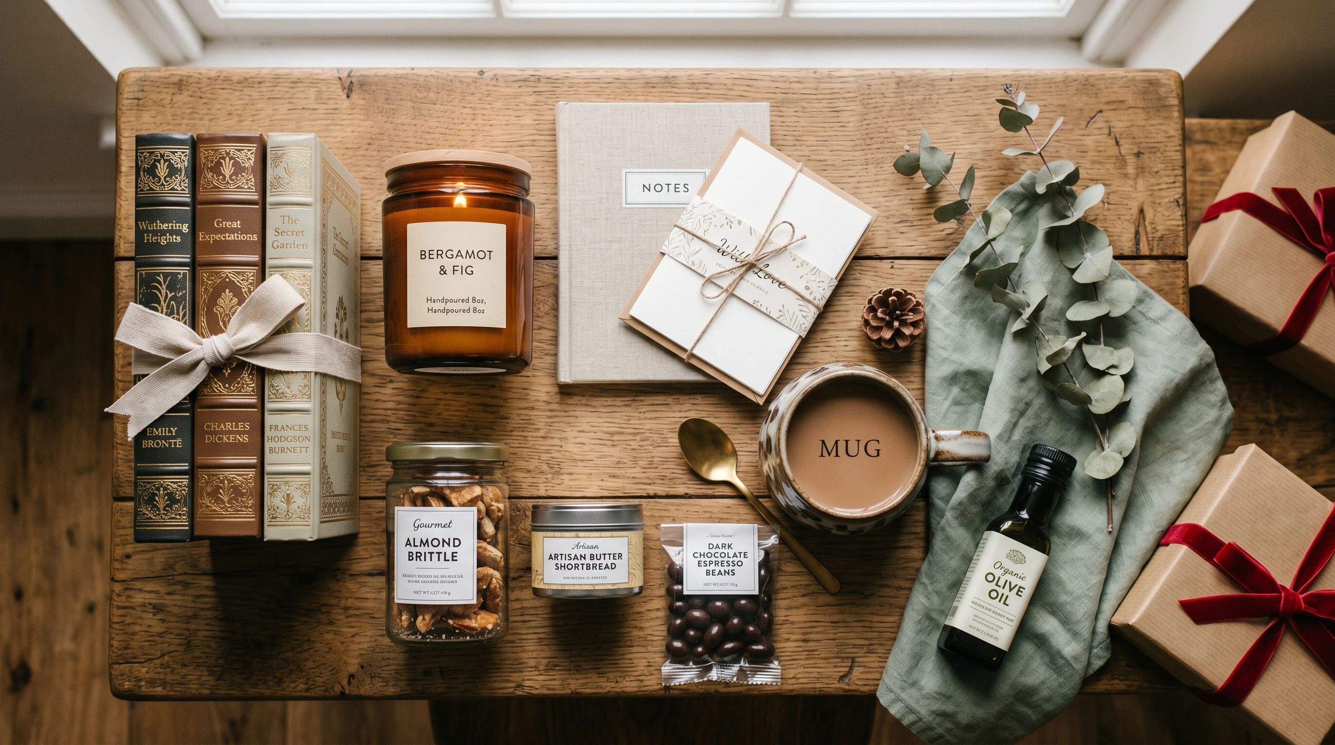 A neat selection of classic gift items like books, candles, gourmet snacks, mugs, and stationery on a wooden table.