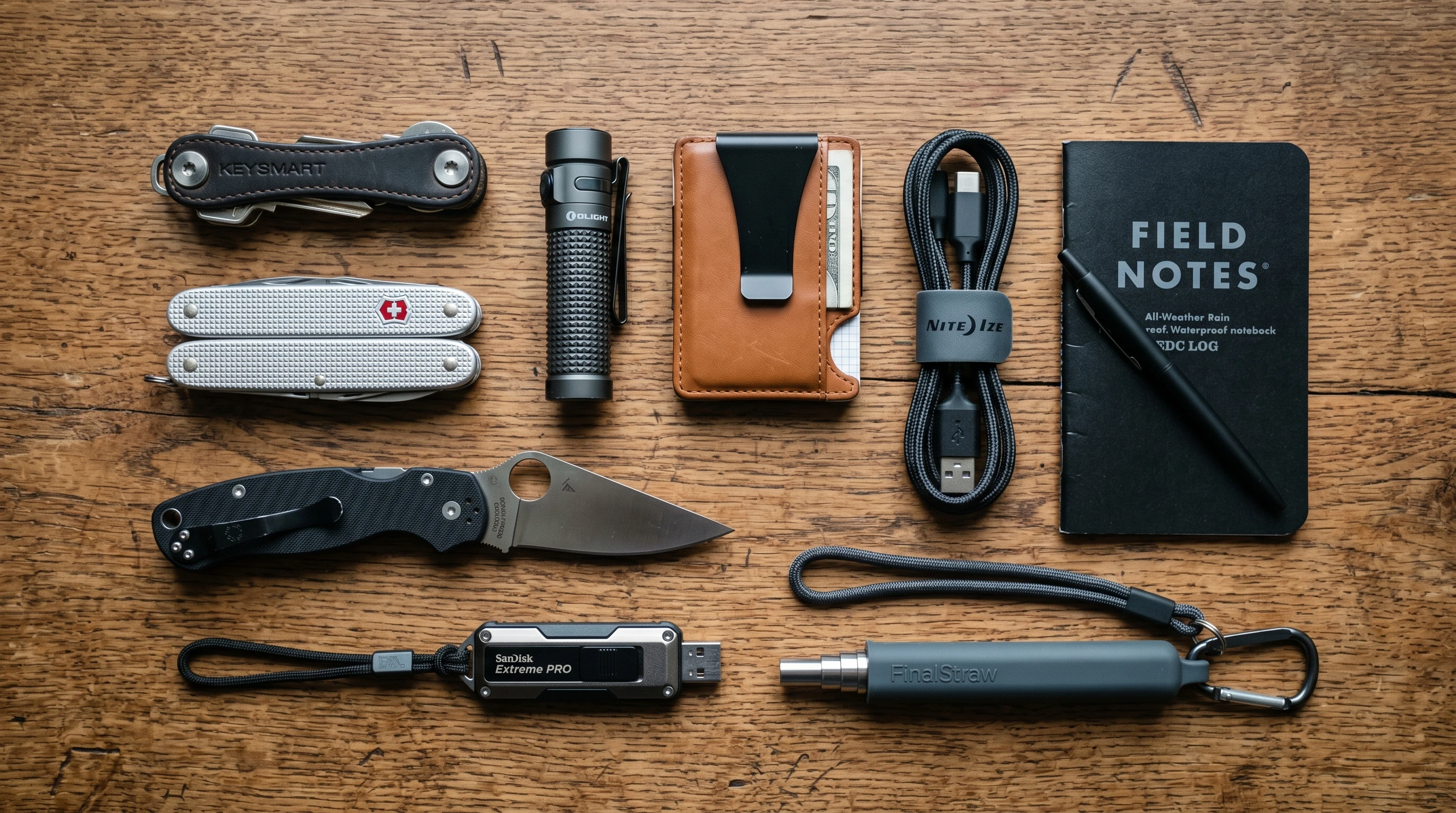 A flat lay of several EDC items including a multitool, flashlight, pocketknife, slim wallet, and key organizer arranged on a wooden table.