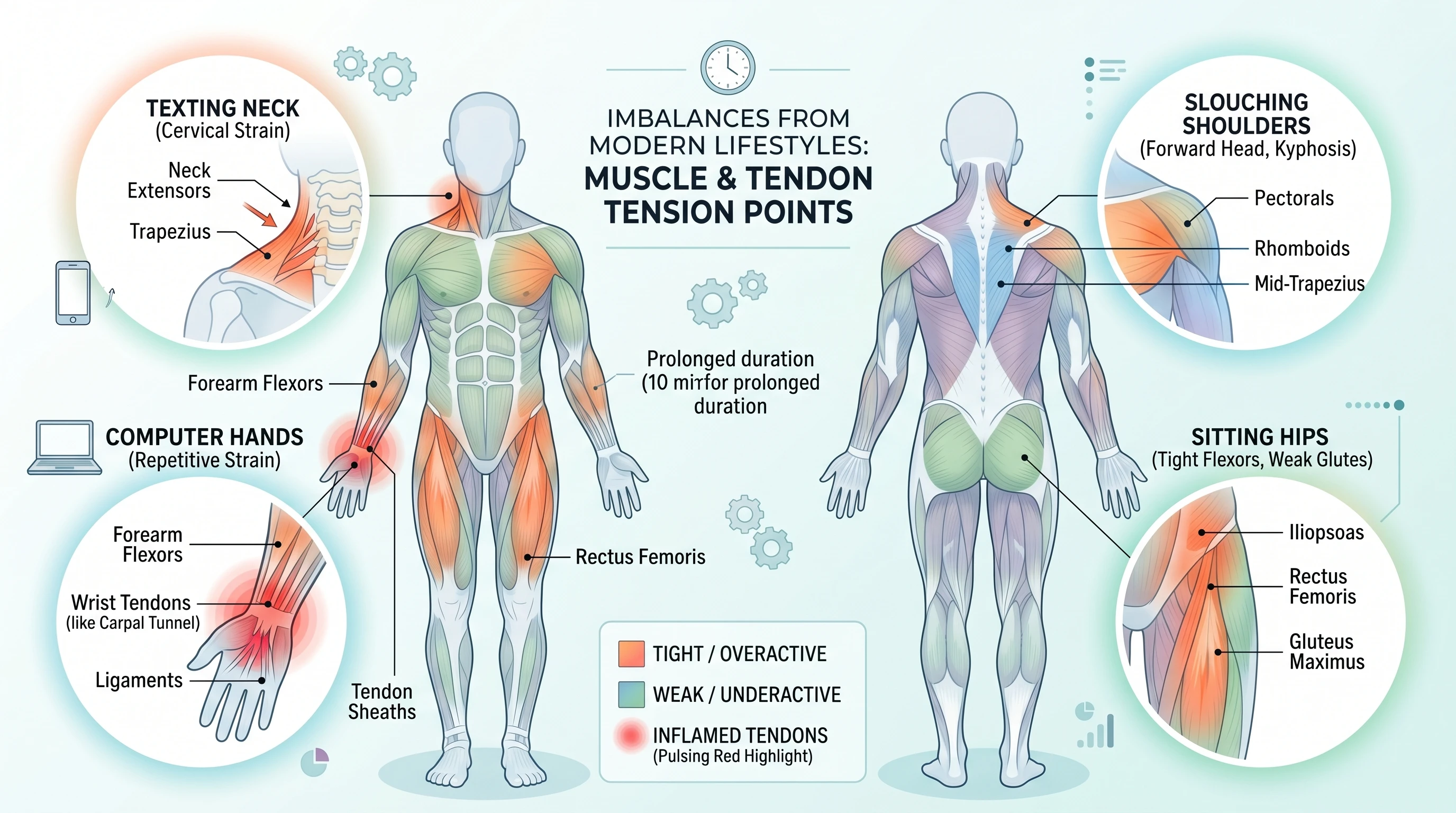 An illustrative diagram of muscles and tendons visible in the human body, highlighting areas prone to imbalance due to modern lifestyle habits, with soft gradients and no people.