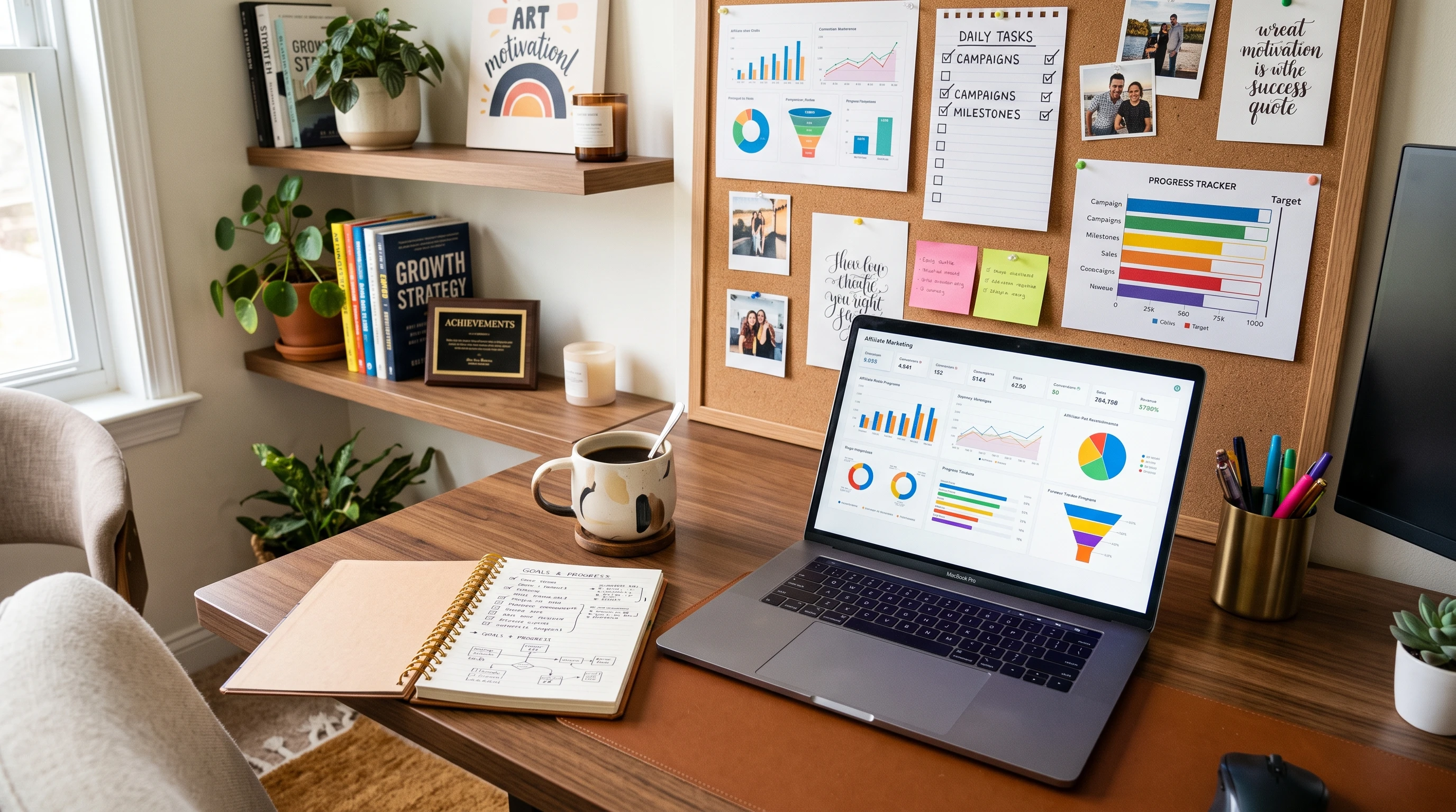 A motivational scene of a notepad, pen, laptop, and coffee mug on a tidy desk, with various goal charts and progress trackers