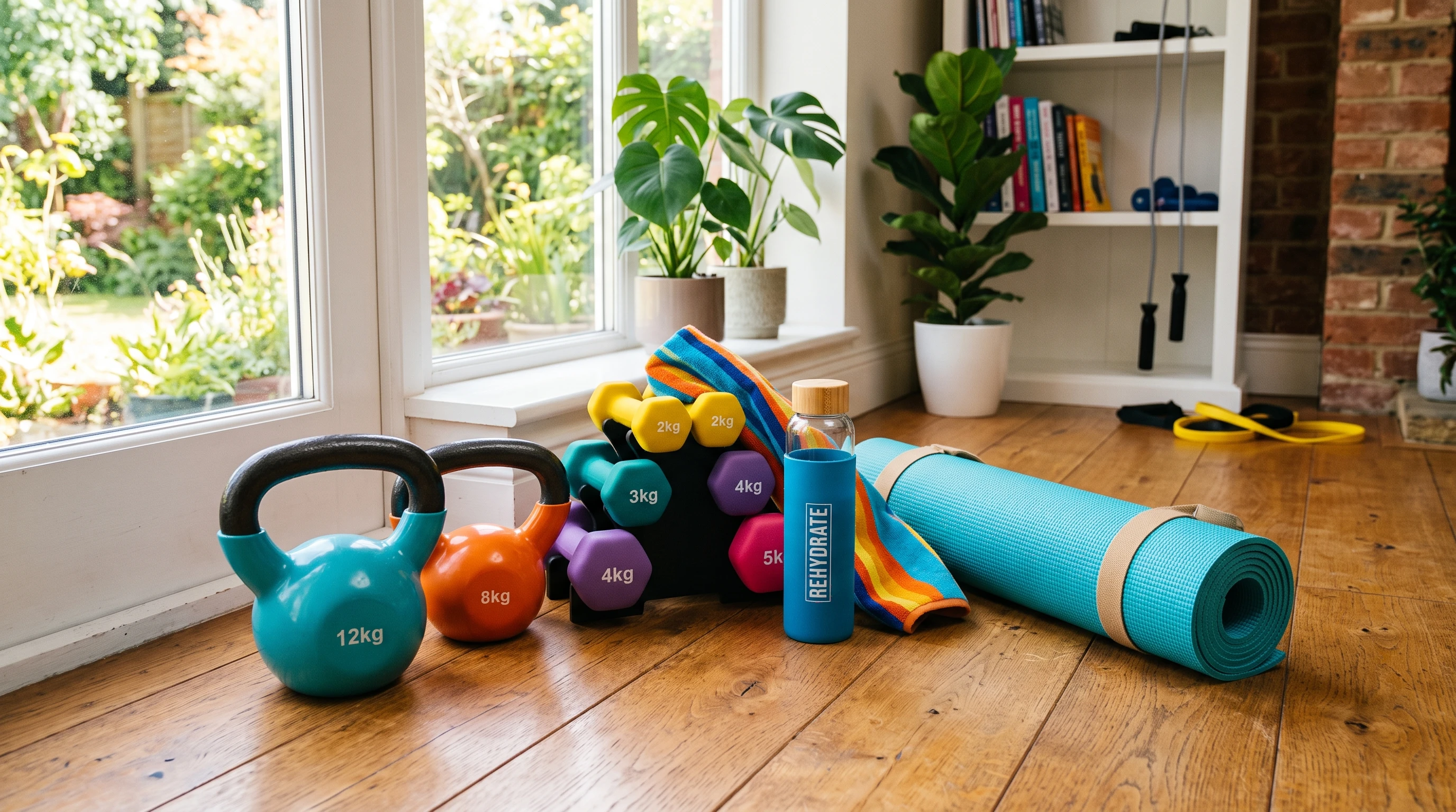 Colorful gym equipment and water bottle on a wooden floor with a bright window in the background