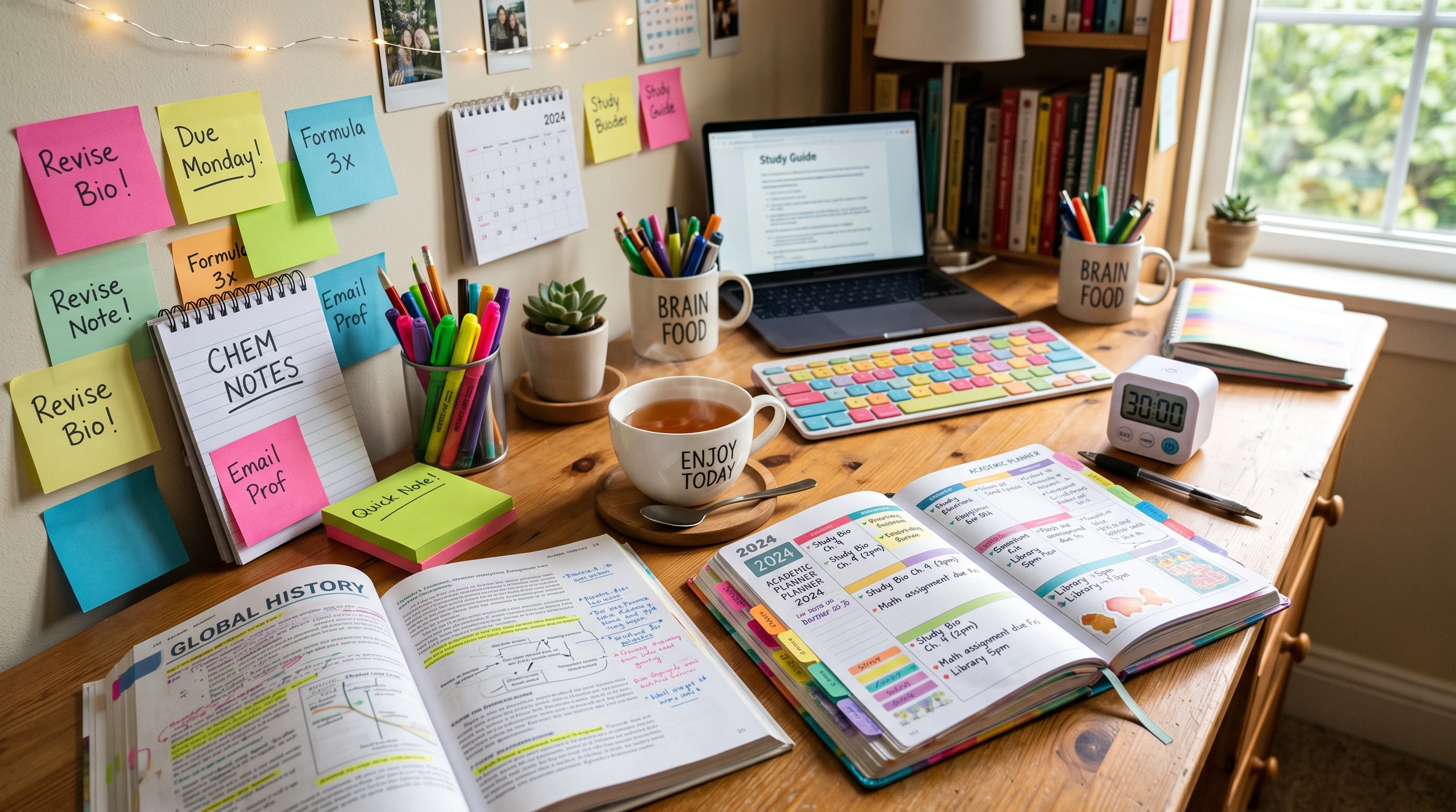 A colorful student desk with open books, a planner, post-it notes, and a digital timer next to a cup of tea.
