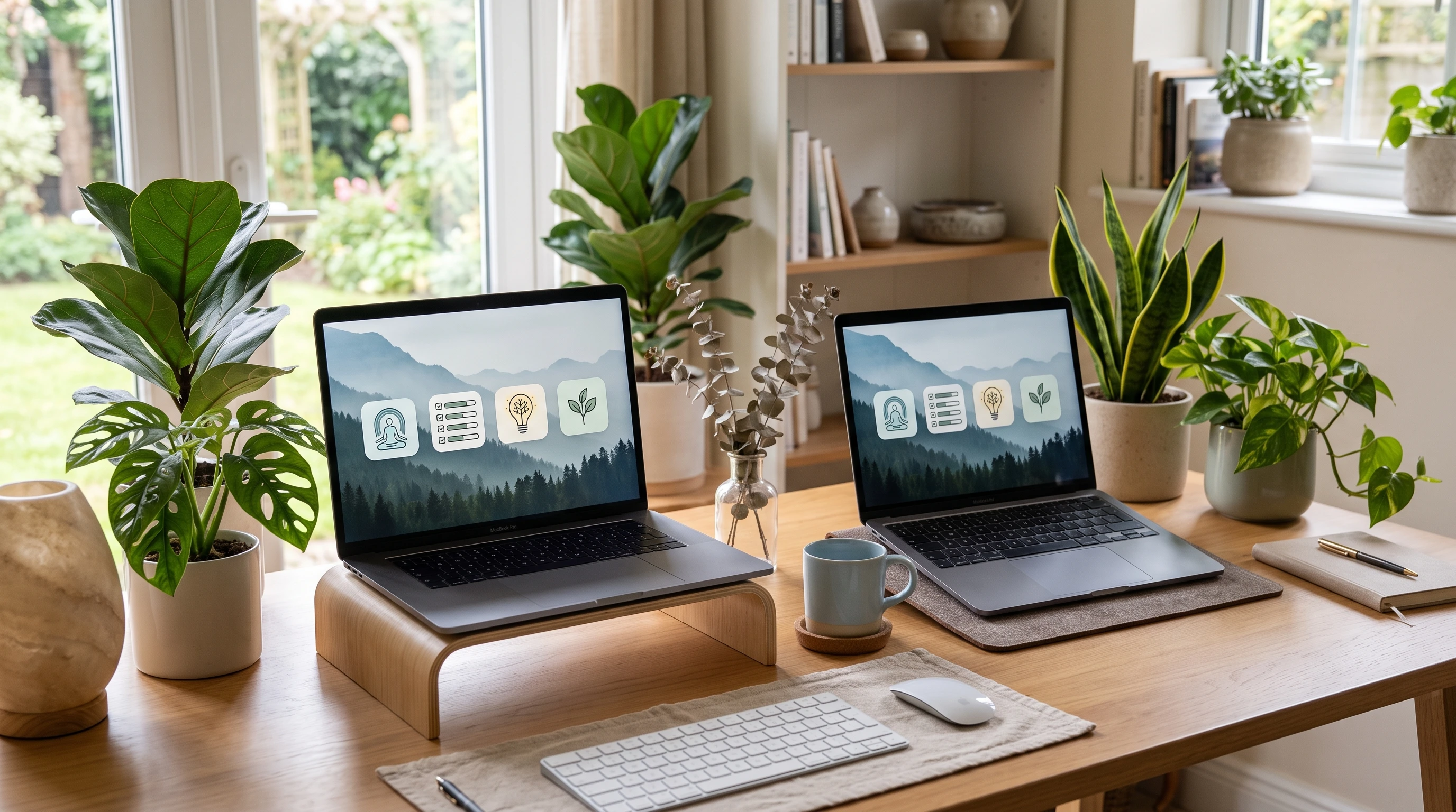digital illustration of calming workspace and app screens