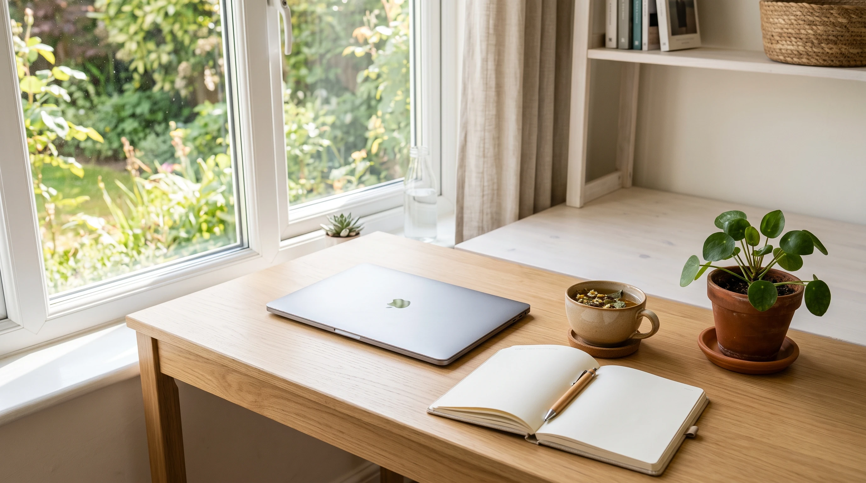 A peaceful desktop workspace with plants, candles, and a mug. Natural light streams onto a closed laptop, notepad, and pen.