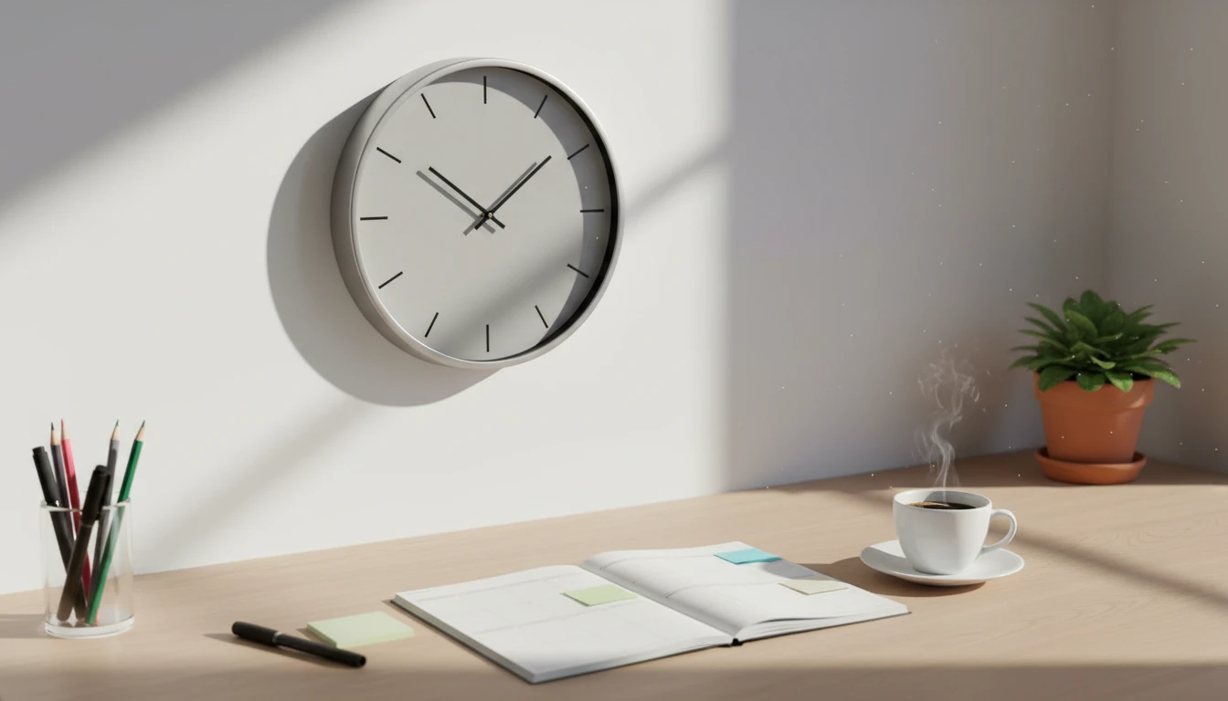 A clutter-free workspace with a wall clock, plants, a notebook, sticky notes, and a cup of coffee, sunlight streaming onto the desk. A digital timer and paper planner are visible. The general vibe is calm and organized.