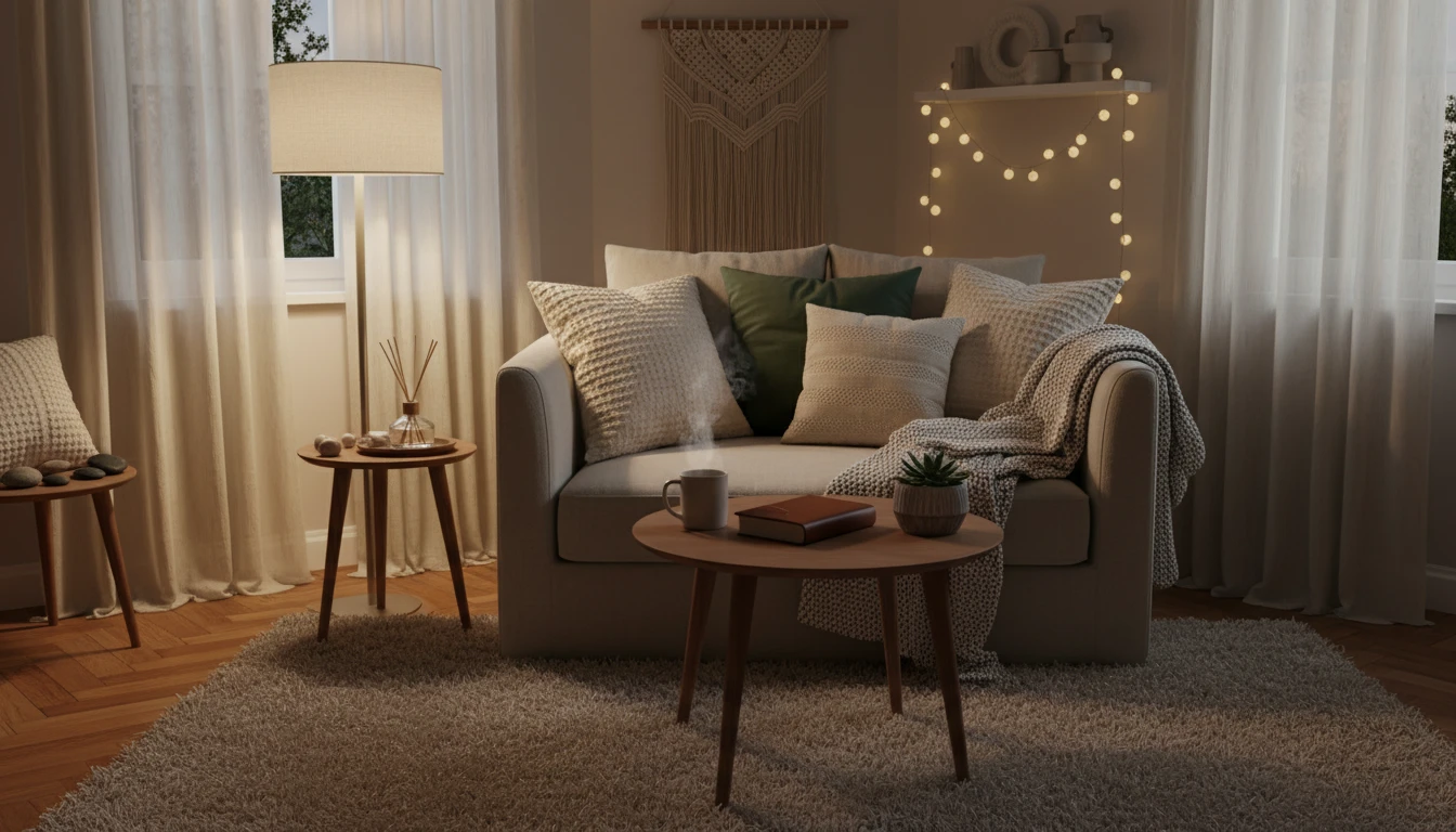 peaceful space with cozy lighting and soft pillows