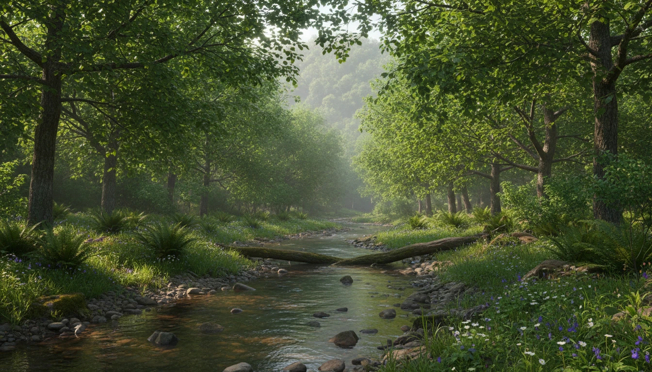 A peaceful nature scene featuring a flowing river, lush greenery, and dappled sunlight.