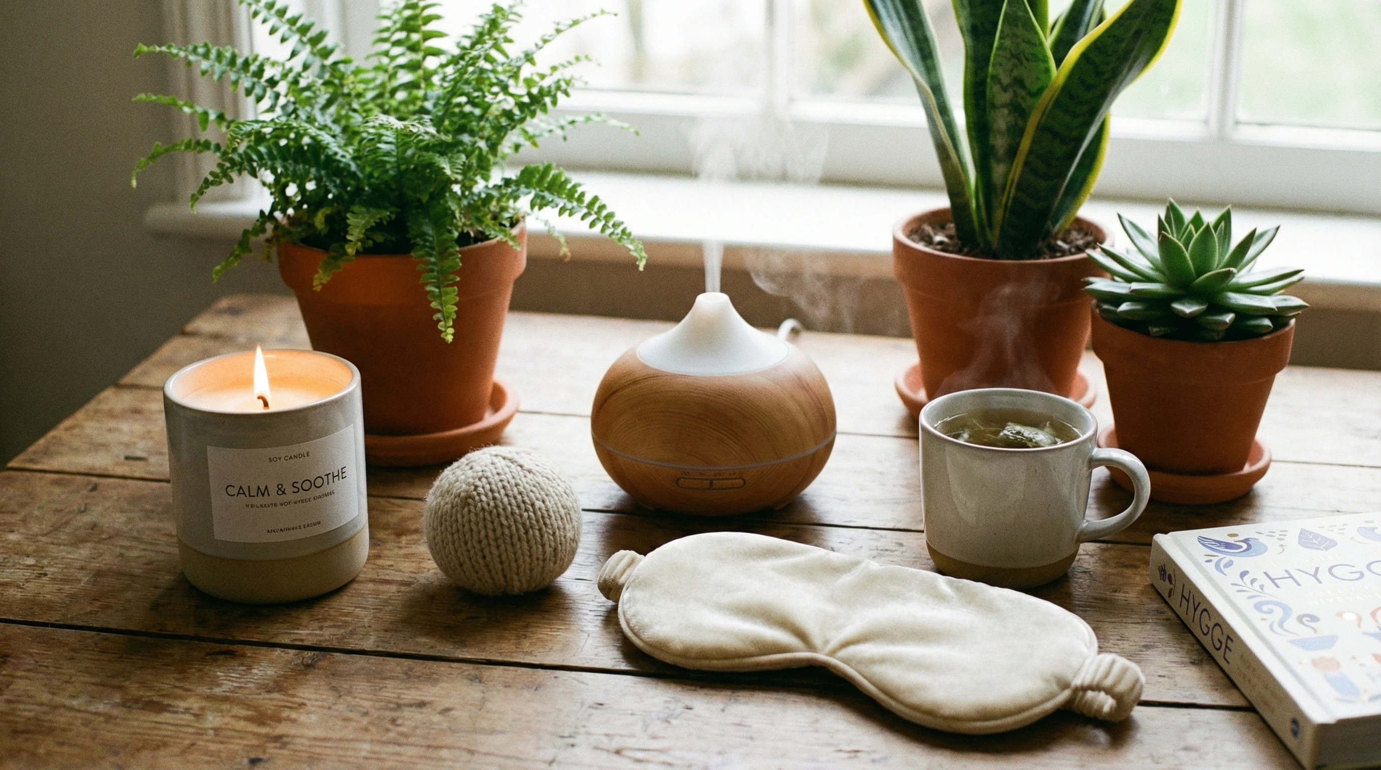 A cozy collection of stress relief products on a minimalist wooden table – includes a candle, stress ball, and small diffuser with calming plants nearby in soft natural light.