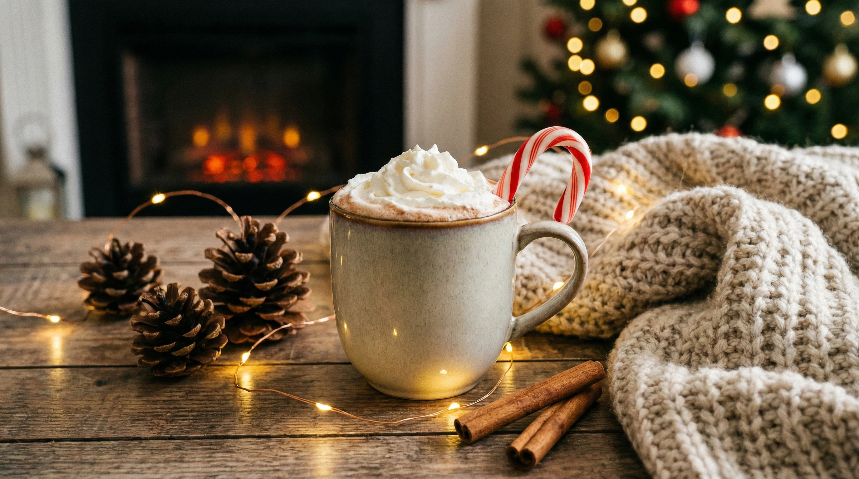 A cozy scene with a mug of hot chocolate on a table near twinkling holiday lights, pinecones, and a soft blanket