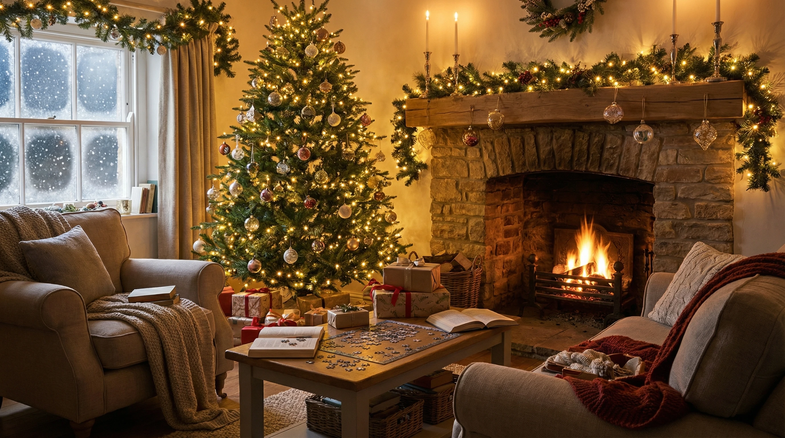 Festive holiday decorations and a cozy winter setting