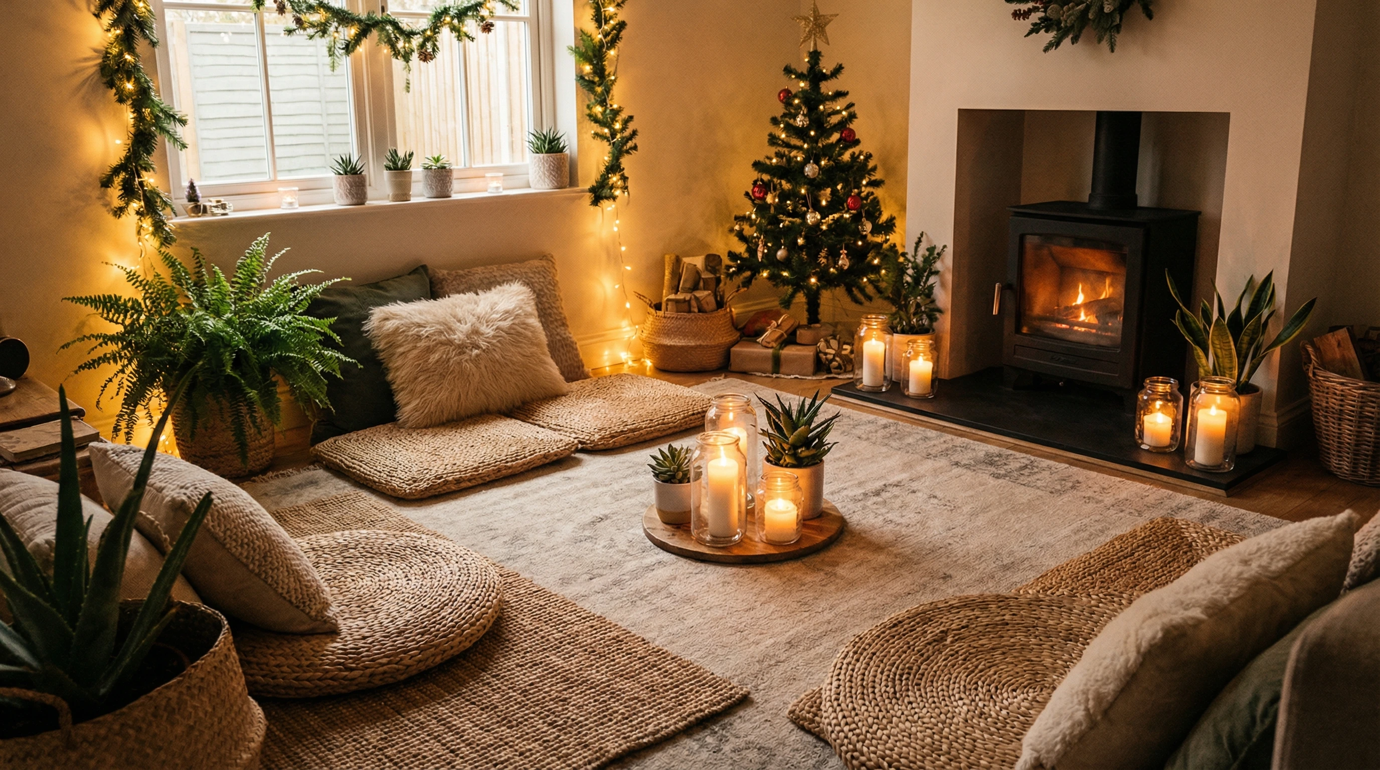 A cozy living room with soft lights, candles, mats, and plants, creating a calming space for meditation and relaxation during the holidays.