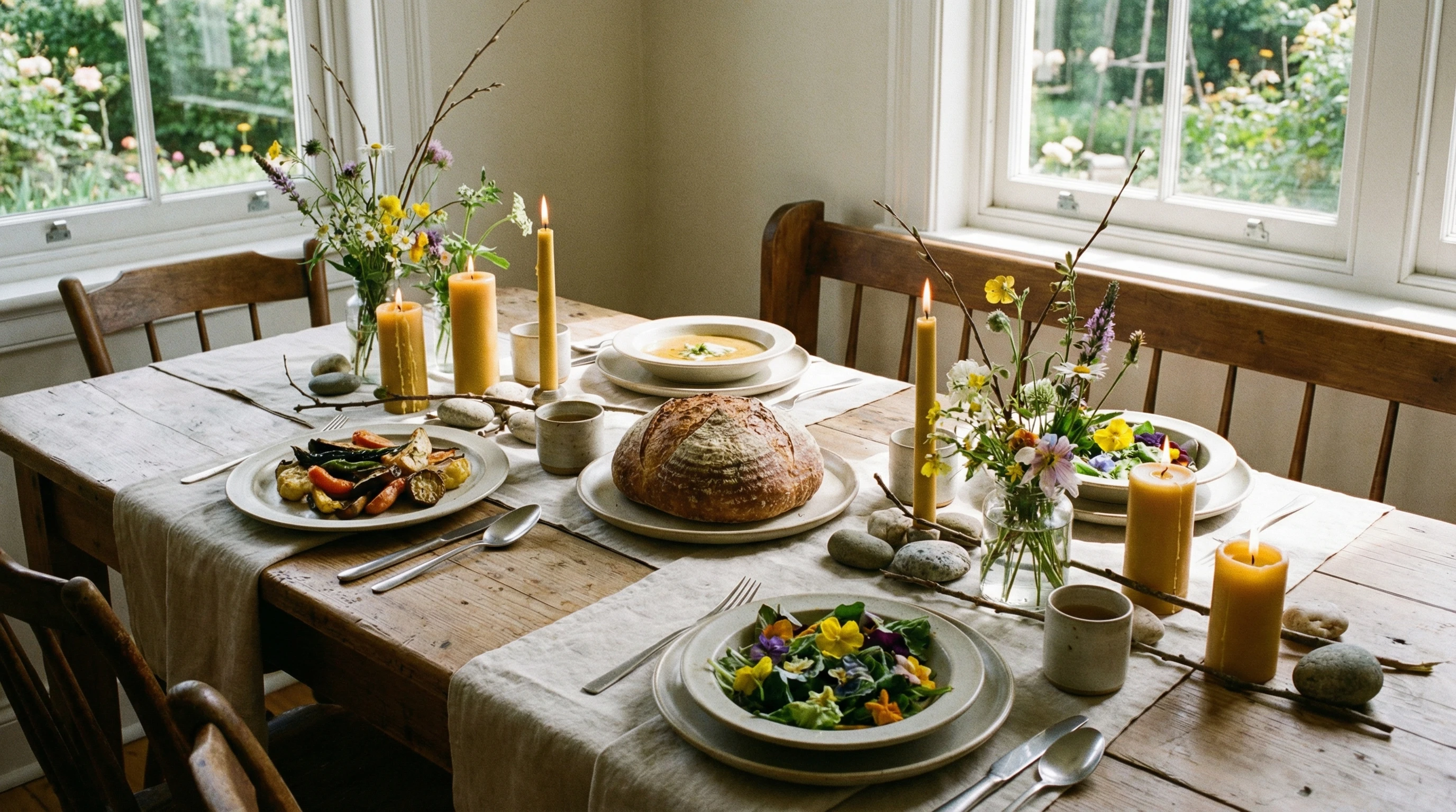 A calming dining table set with wholesome foods, soft lighting, and nature elements