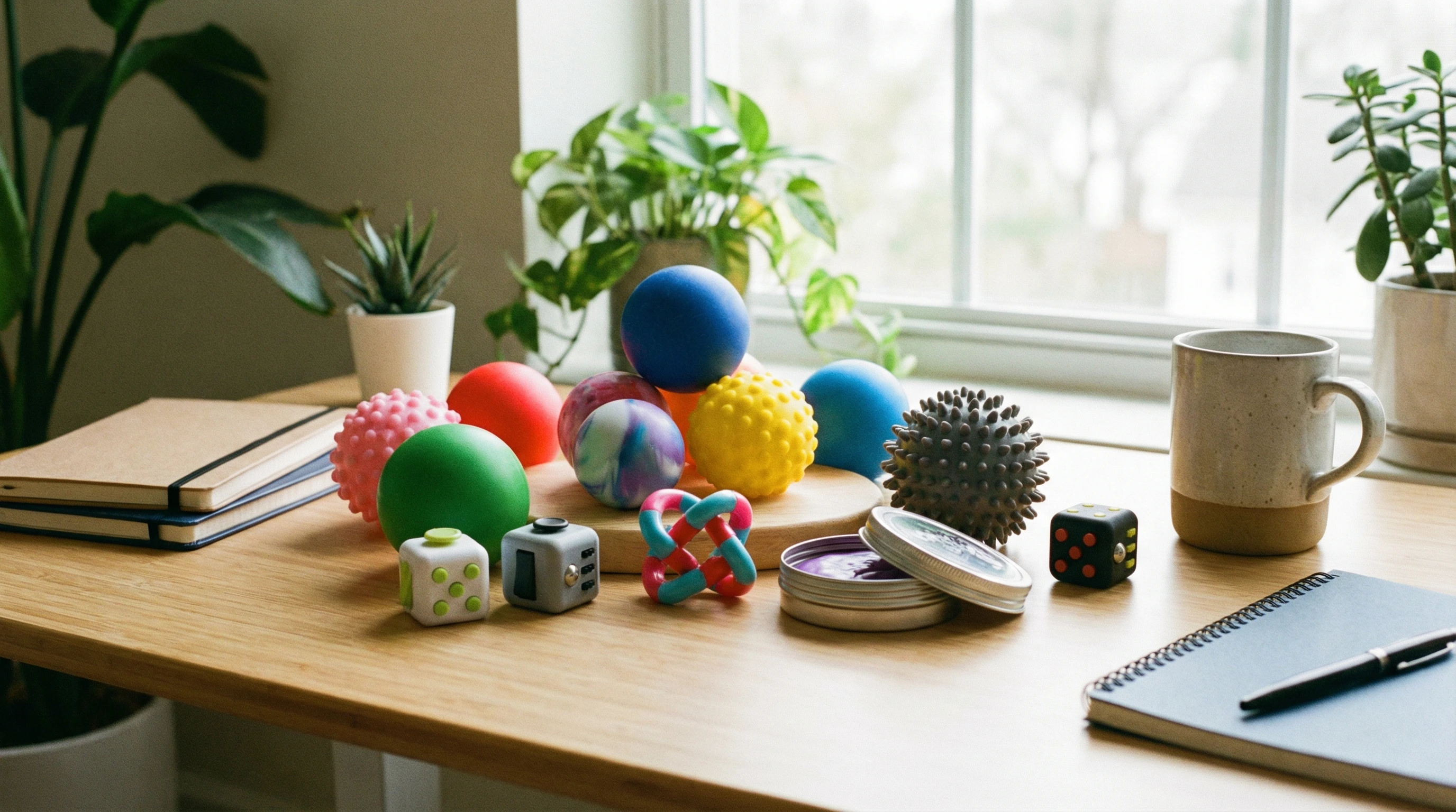 assorted stress relief toys on a casual workspace for daily routines