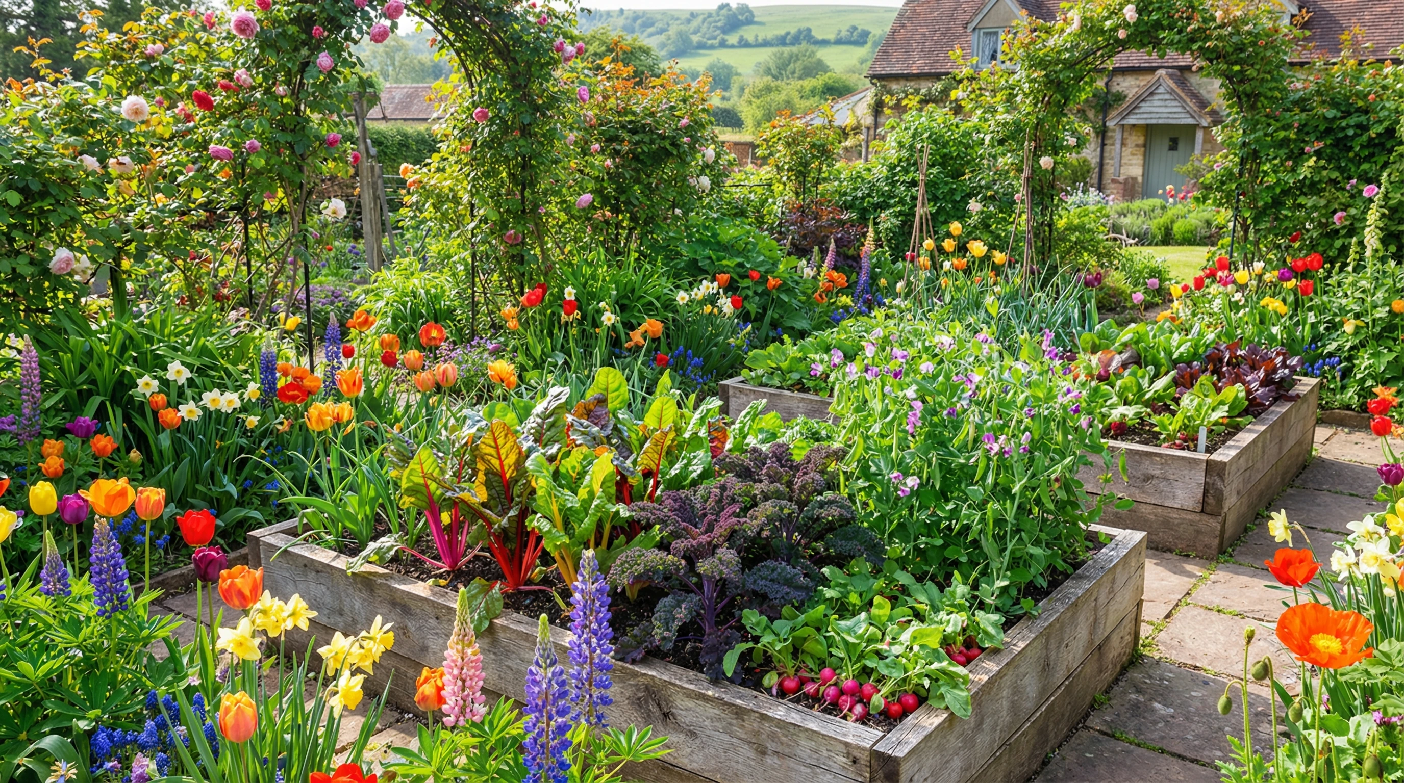 Bright, colorful vegetable and flower garden in springtime with raised beds and lush green foliage.