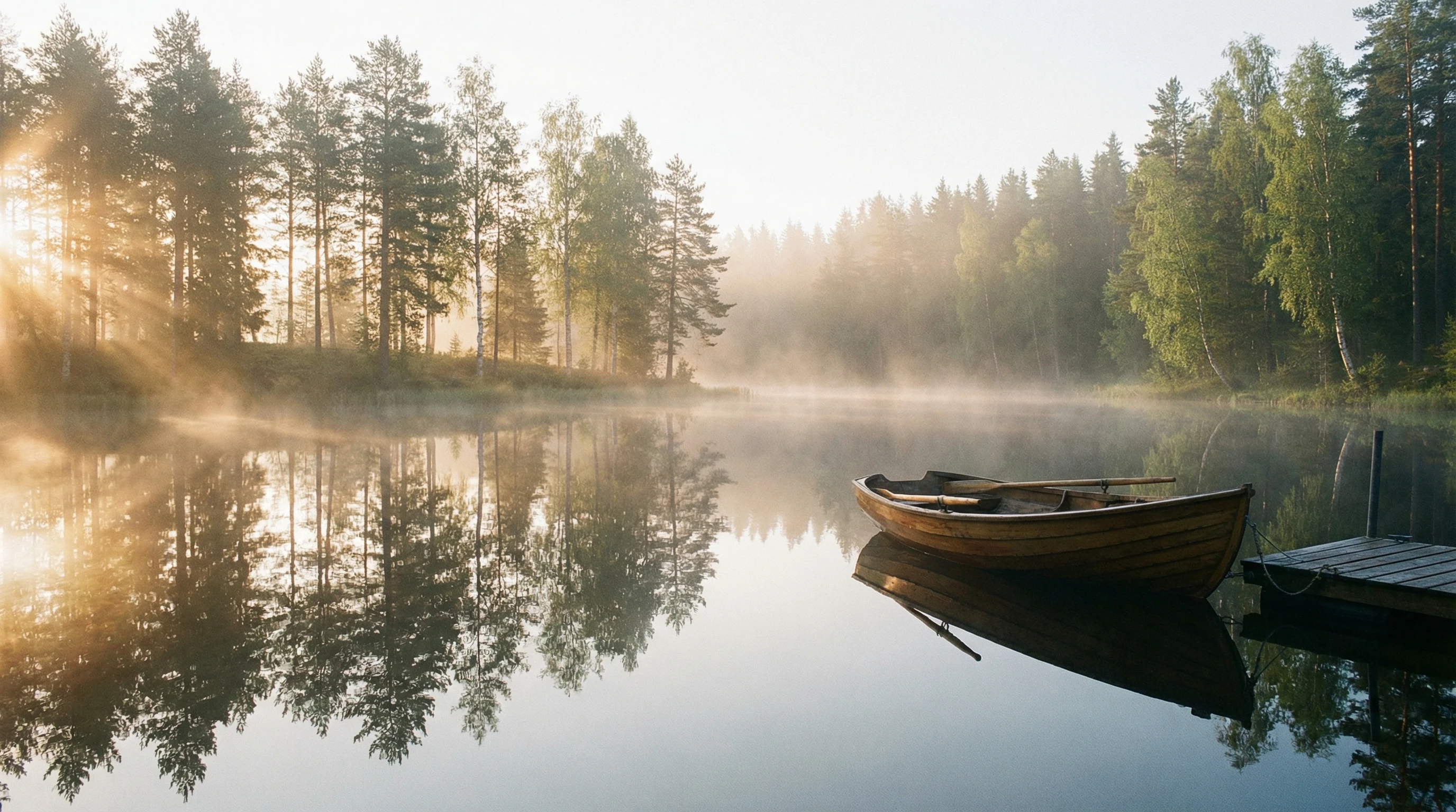 A serene sunrise over a quiet misty lake, trees mirrored on the water, and soft gentle light suggesting tranquility and calmness